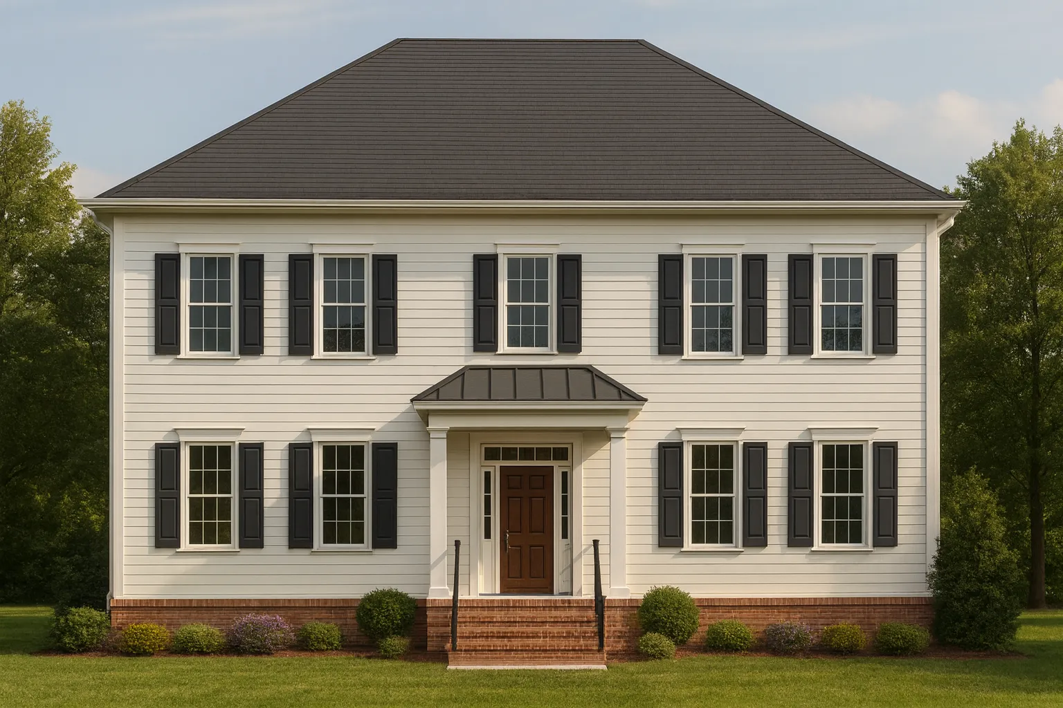 Front elevation of a Traditional Colonial style home with white horizontal siding, black shutters, brick foundation, and centered entry porch