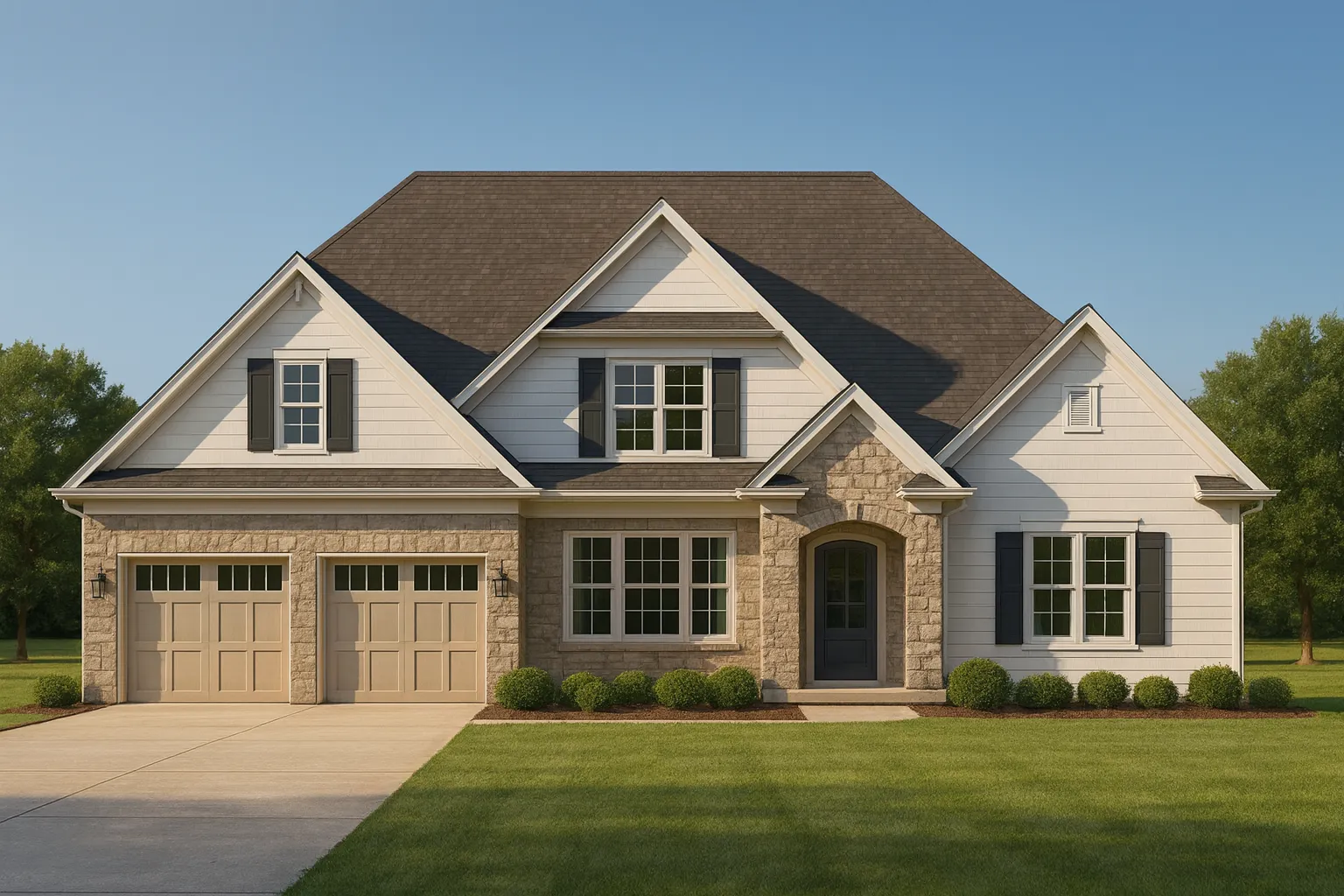 Front elevation of a New American modern traditional house featuring stone accents, horizontal siding, gabled rooflines, and an inviting arched entry