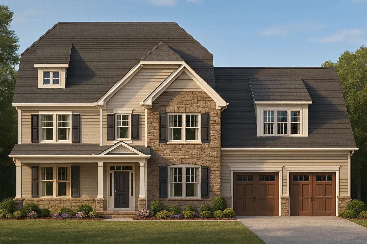 Front elevation of a New American Modern Traditional house featuring stone veneer, horizontal siding, symmetrical windows, and an attached two-car garage