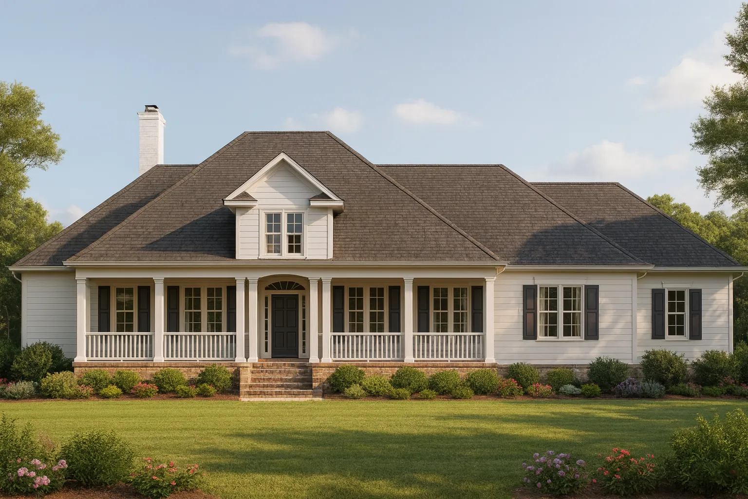Front elevation of a Classical Southern style home with white lap siding, symmetrical windows, a covered front porch, and a dark shingle roof