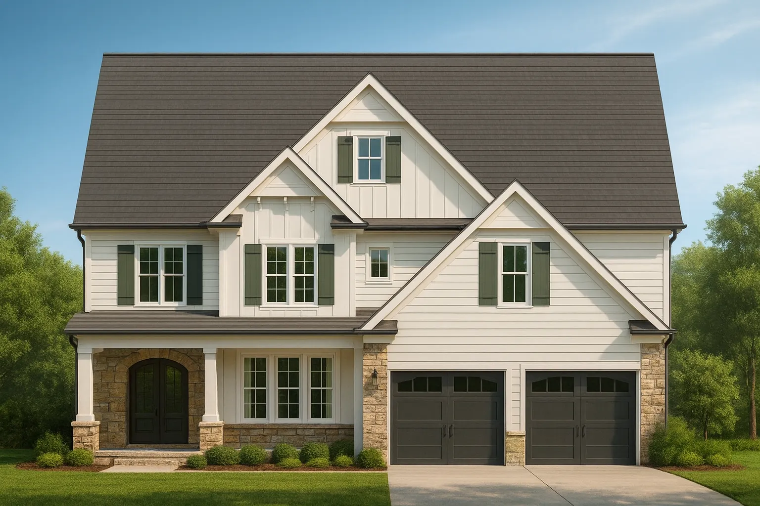 Front elevation of a Modern Farmhouse New American style home with board and batten siding, stone accents, gabled rooflines, and double garage