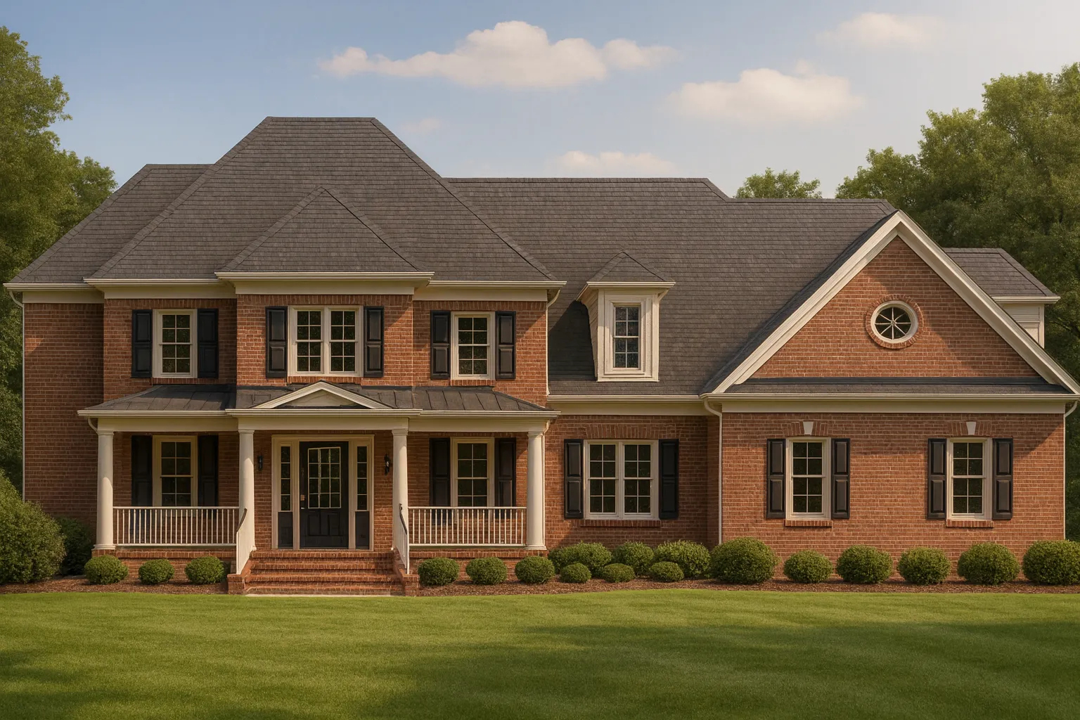 Front view of a Traditional Colonial style home with Georgian influence, featuring a full brick exterior, gabled rooflines, and classic black shutters.