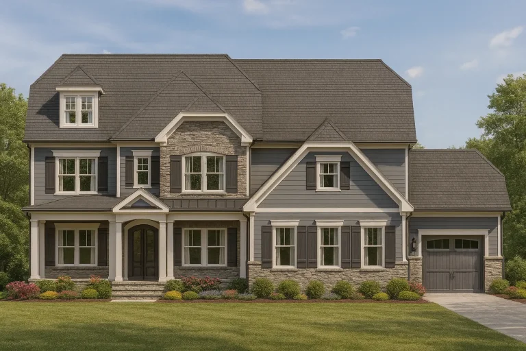 Front elevation of a New American modern traditional house with stone accents, horizontal siding, symmetrical windows, and an attached garage