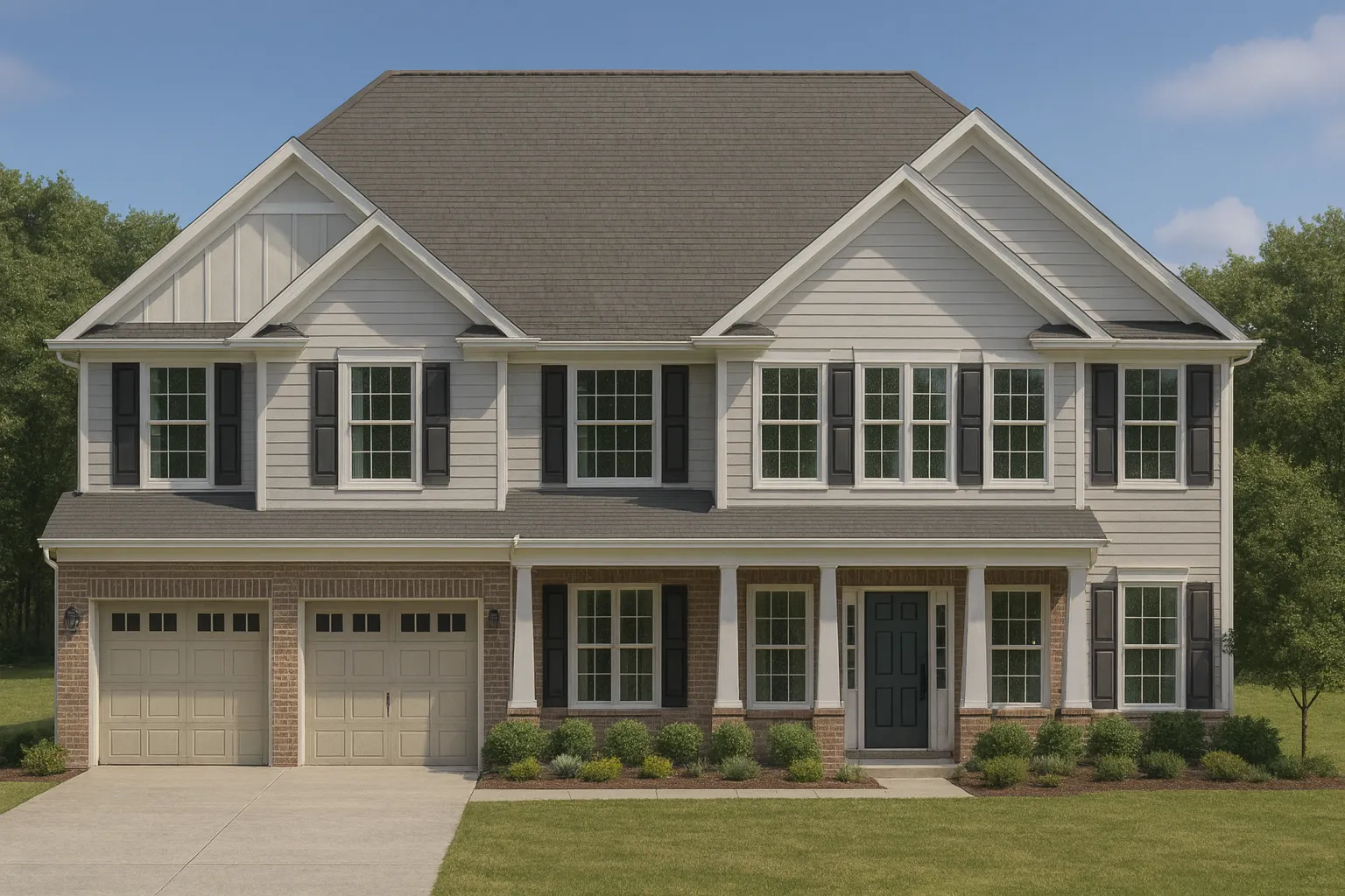 Front elevation of a New American traditional style two-story house with brick lower façade, horizontal siding, black shutters, and a covered front porch