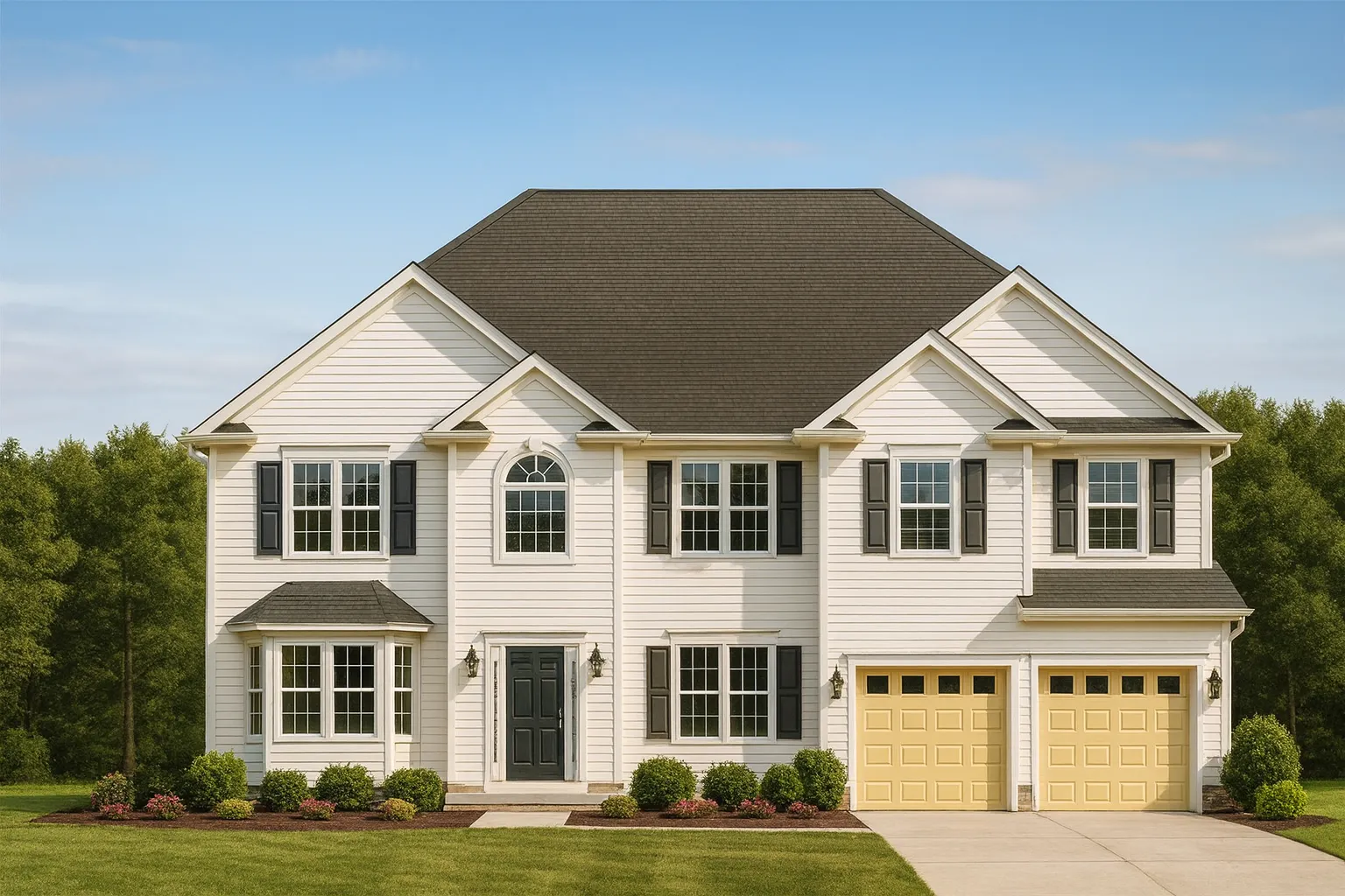 Front exterior of a Traditional Colonial style home with white horizontal siding, black shutters, centered entry, and attached two-car garage