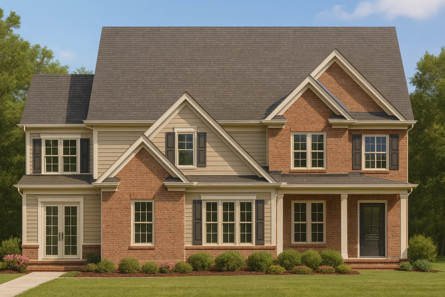 Front elevation of a New American style home featuring brick and horizontal siding, symmetrical windows, gabled rooflines, and traditional colonial detailing