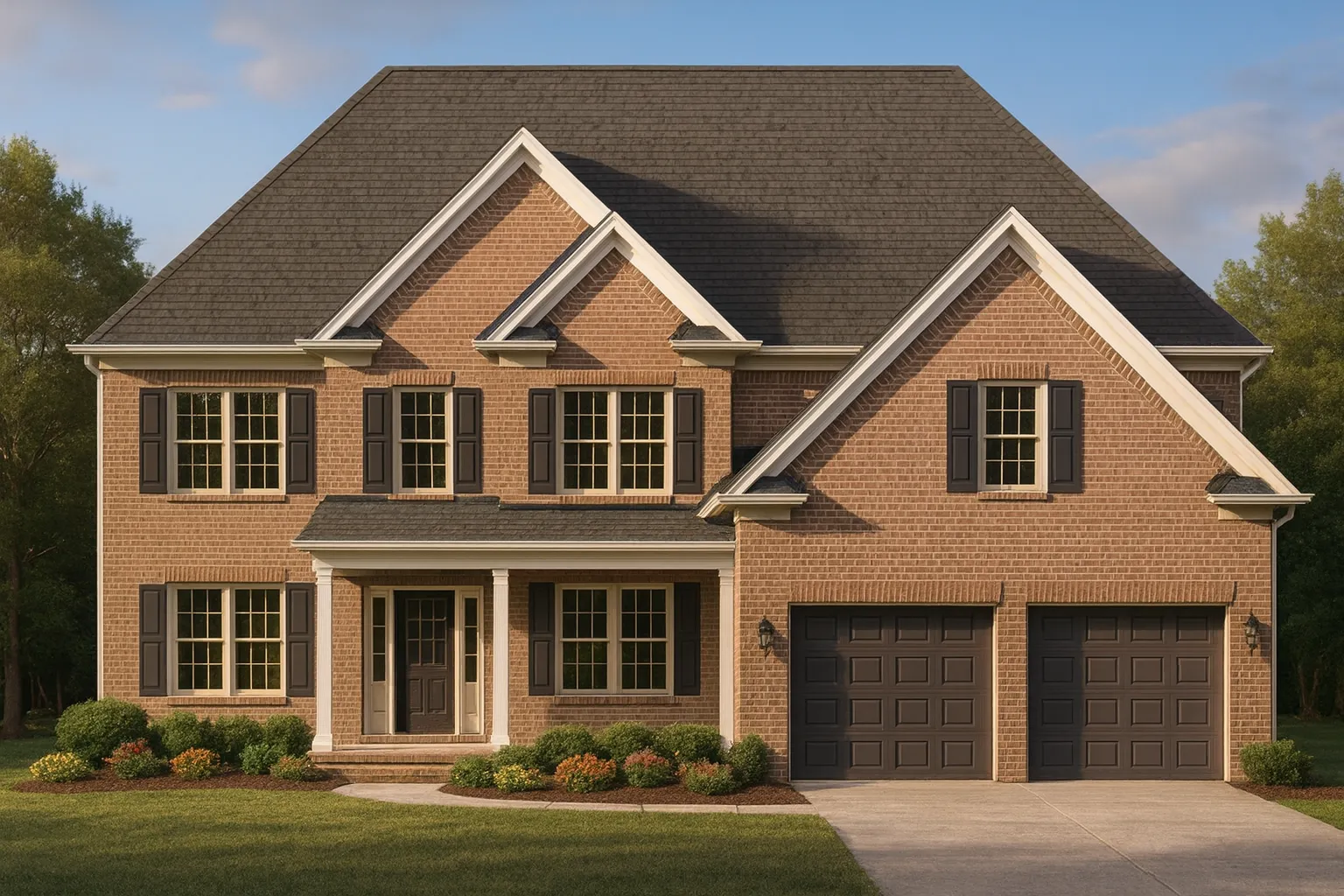Front elevation of a Traditional Colonial style home with brick exterior, symmetrical windows, gabled rooflines, and attached garage