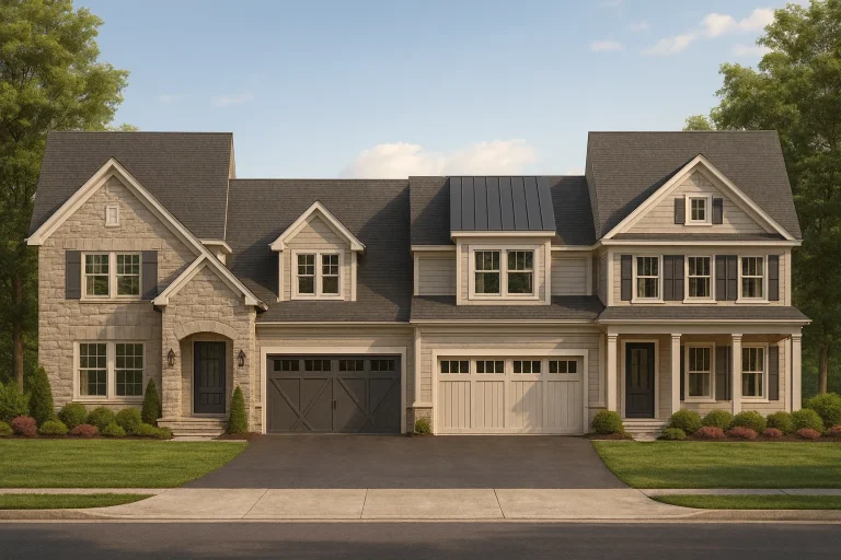 House Plans with Functional Layout 9 Front elevation of a New American modern traditional house featuring stone accents, horizontal siding, board-and-batten details, and a symmetrical two-story façade