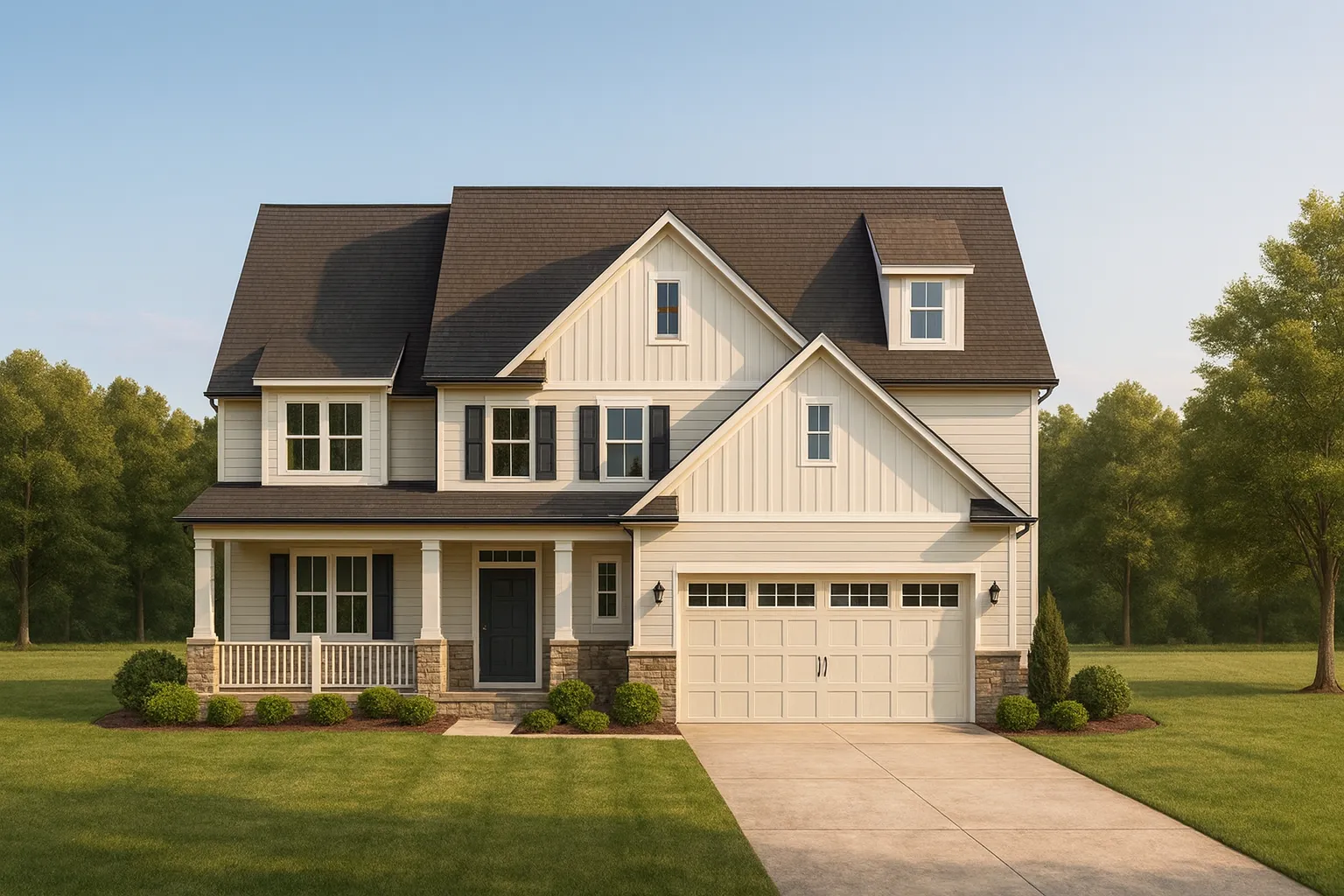 Front elevation of a Modern Farmhouse style home featuring board and batten siding, horizontal lap siding, stone accents, covered porch, and attached garage