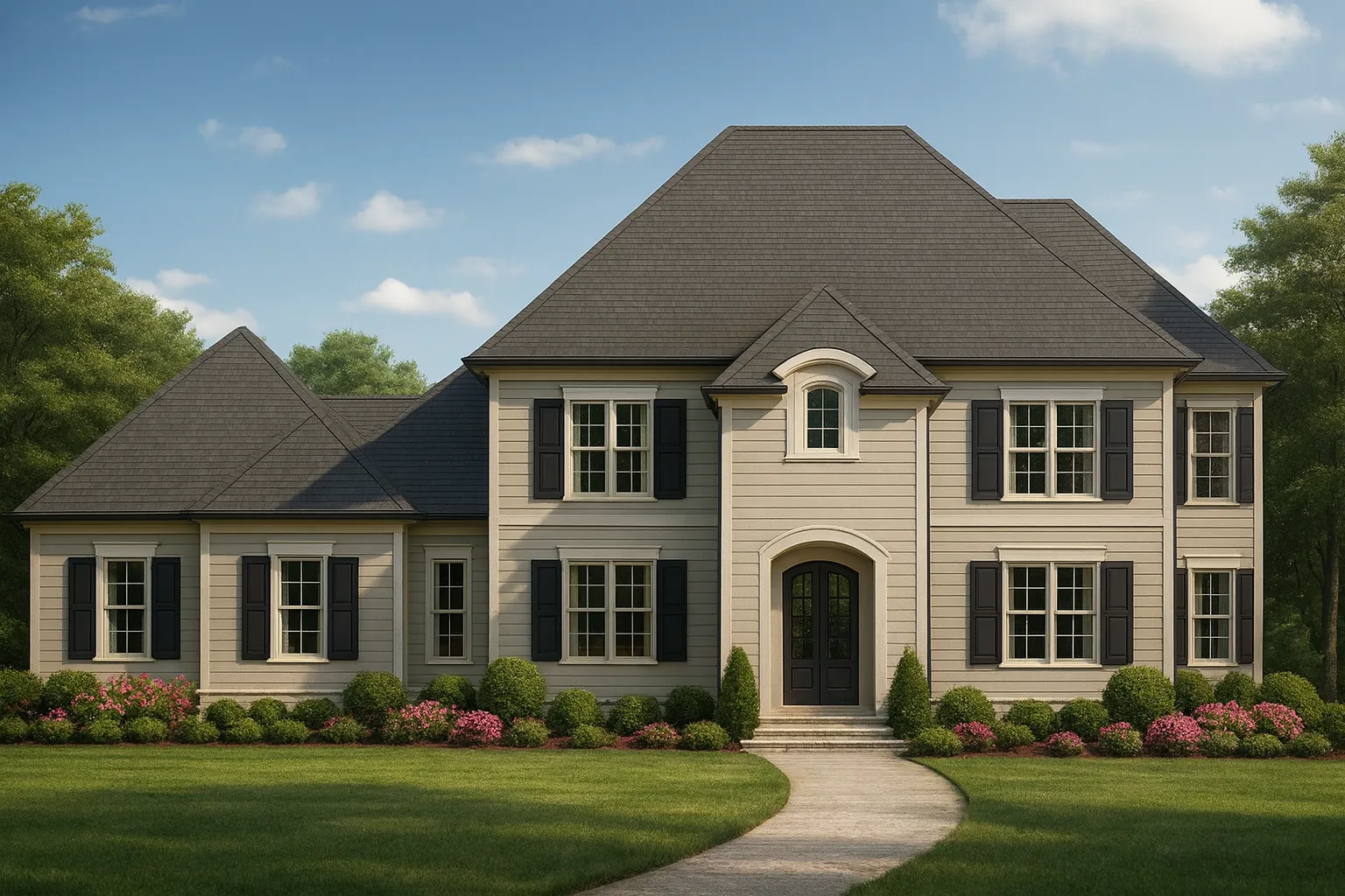 Front exterior view of a Traditional Colonial style home with symmetrical design, lap siding, black shutters, and central entry