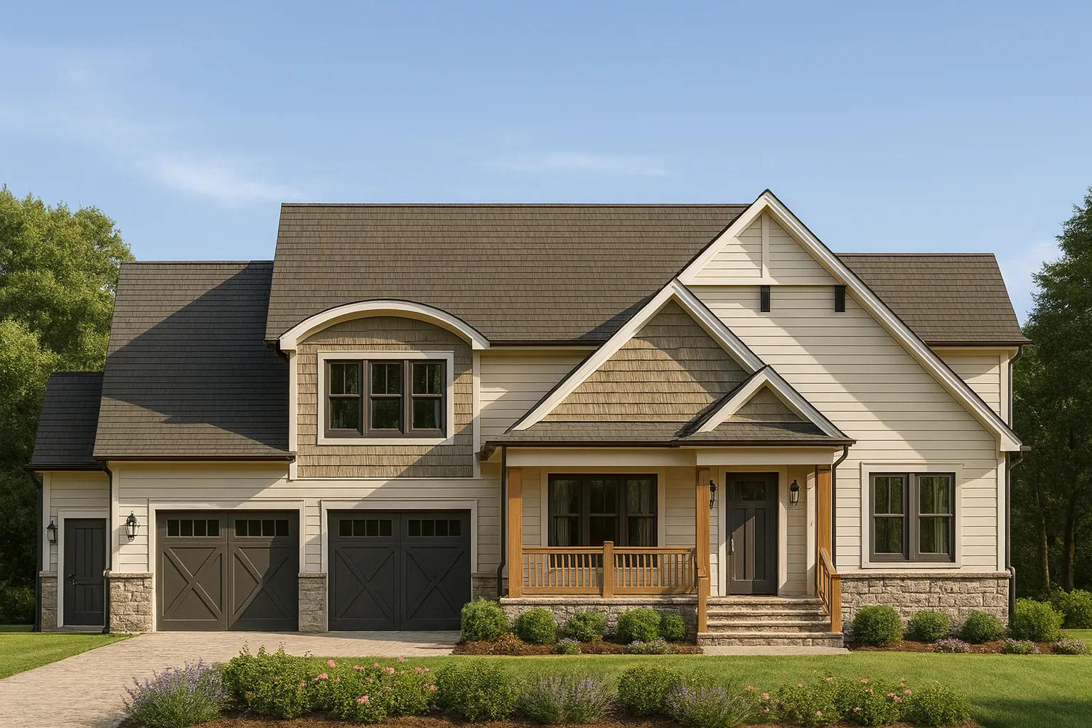 Front elevation of a New American Craftsman style home with shingle accents, horizontal siding, stone base, and covered front porch