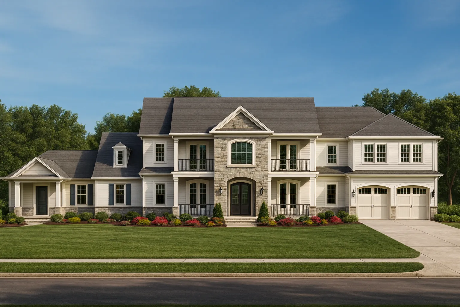 Front elevation of a New American Traditional style luxury home featuring stone accents, horizontal siding, balanced symmetry, and an attached three-car garage