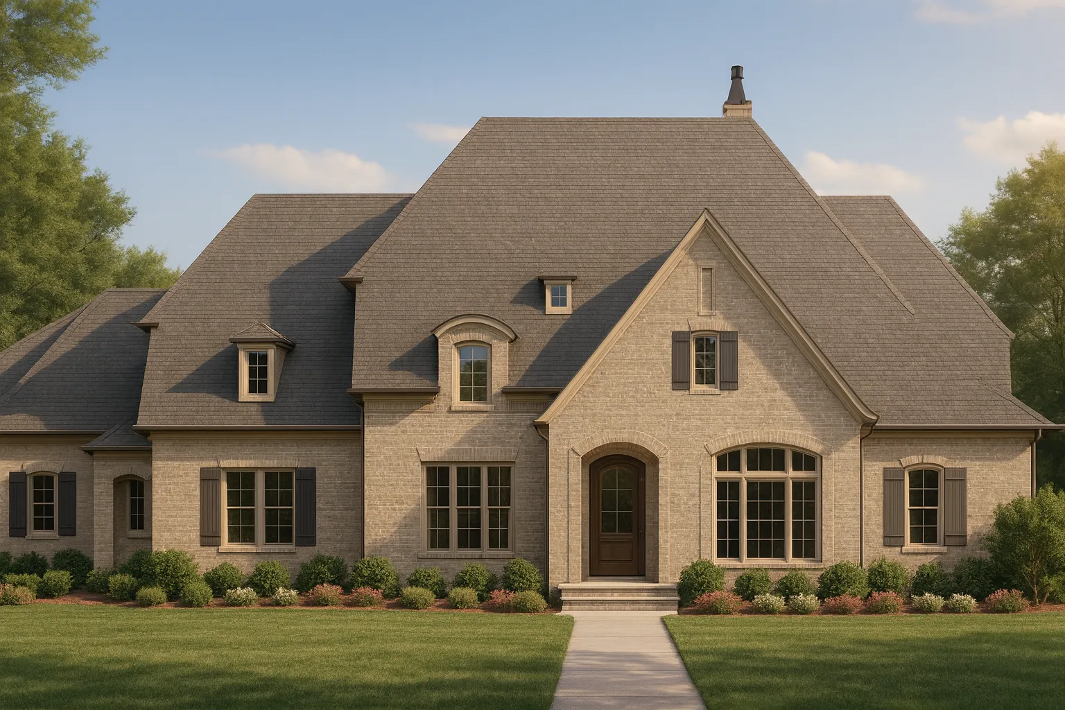 Front elevation of a French Country style home featuring a light brick exterior, steeply pitched roof, arched entry, and classic European architectural detailing