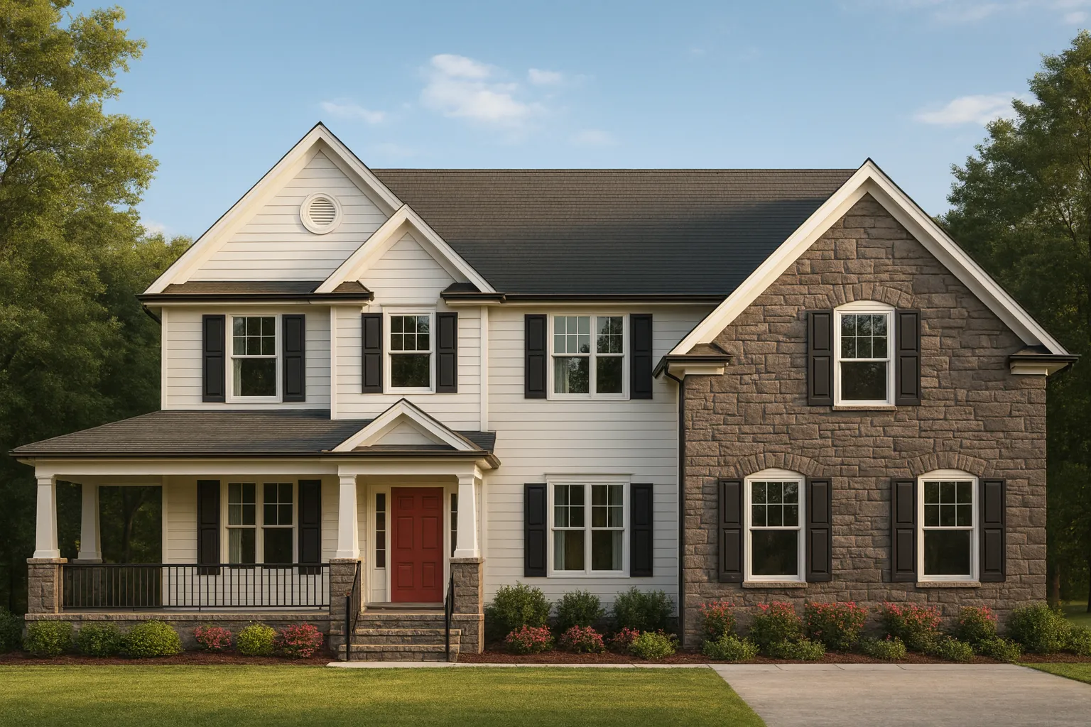 Front exterior view of a New American Traditional style home with horizontal siding, stone accents, black shutters, and covered front porch