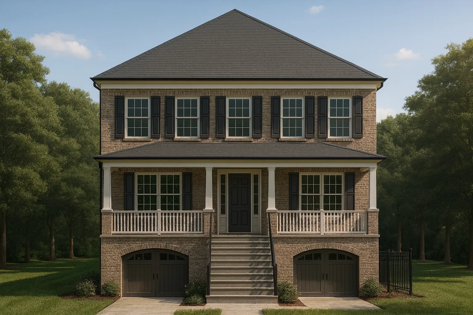 Front elevation of a Modern Farmhouse style home with white board and batten siding, black metal accents, gabled rooflines, and a three-car garage