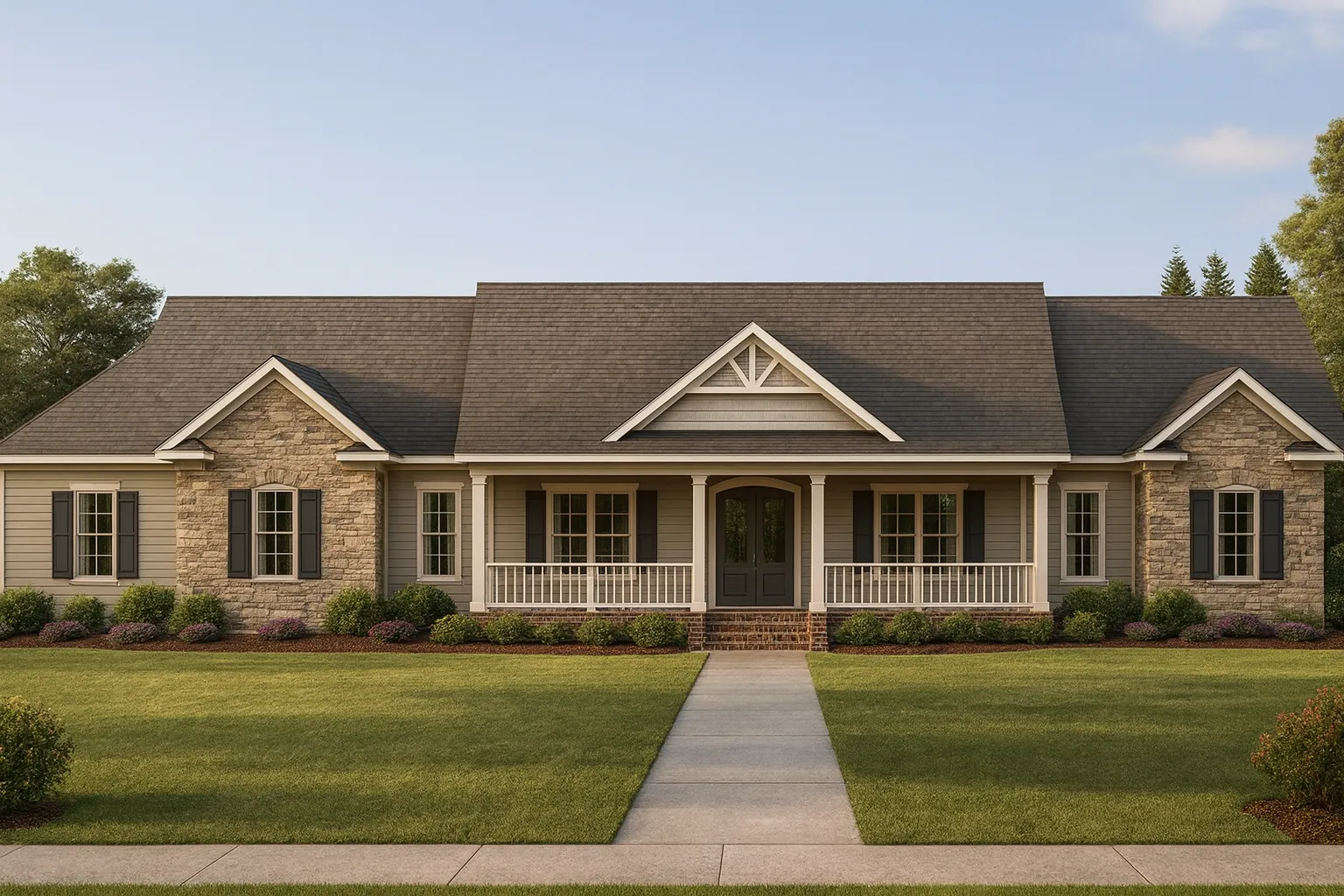Front elevation of a Traditional Ranch style home featuring horizontal siding, stone veneer accents, symmetrical windows, and a welcoming covered front porch