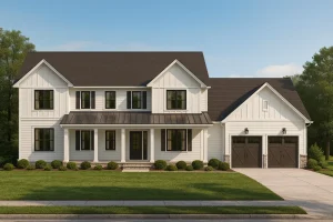 Colonial Farmhouse Home Plan with CAD Designs and Floor Blueprint