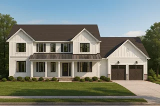 Colonial Farmhouse Home Plan with CAD Designs and Floor Blueprint