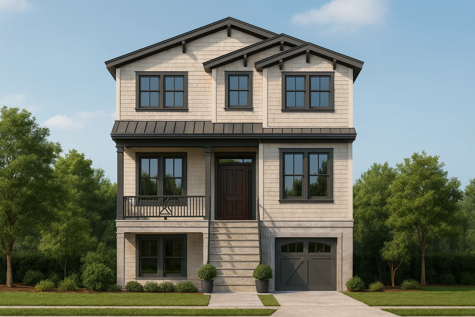 Front elevation of a Coastal Traditional shingle-style home with Charleston balcony, elevated entry, and classic coastal proportions