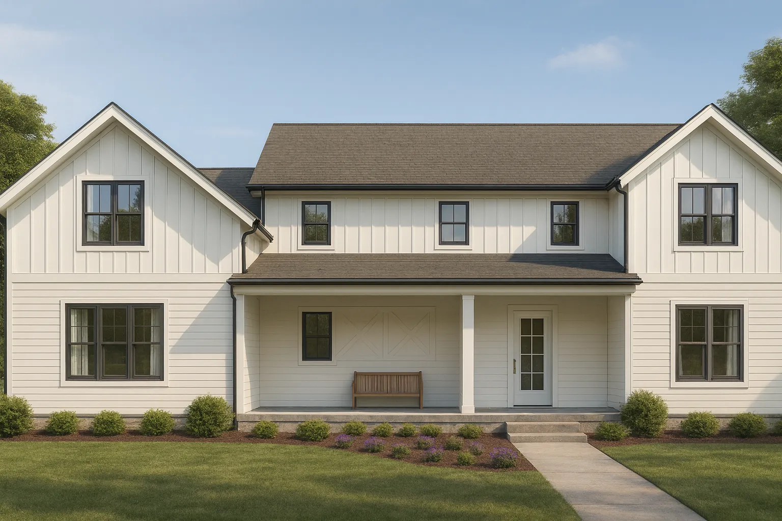 Front elevation of a Modern Farmhouse style home featuring board and batten siding, symmetrical windows, and a welcoming covered front porch