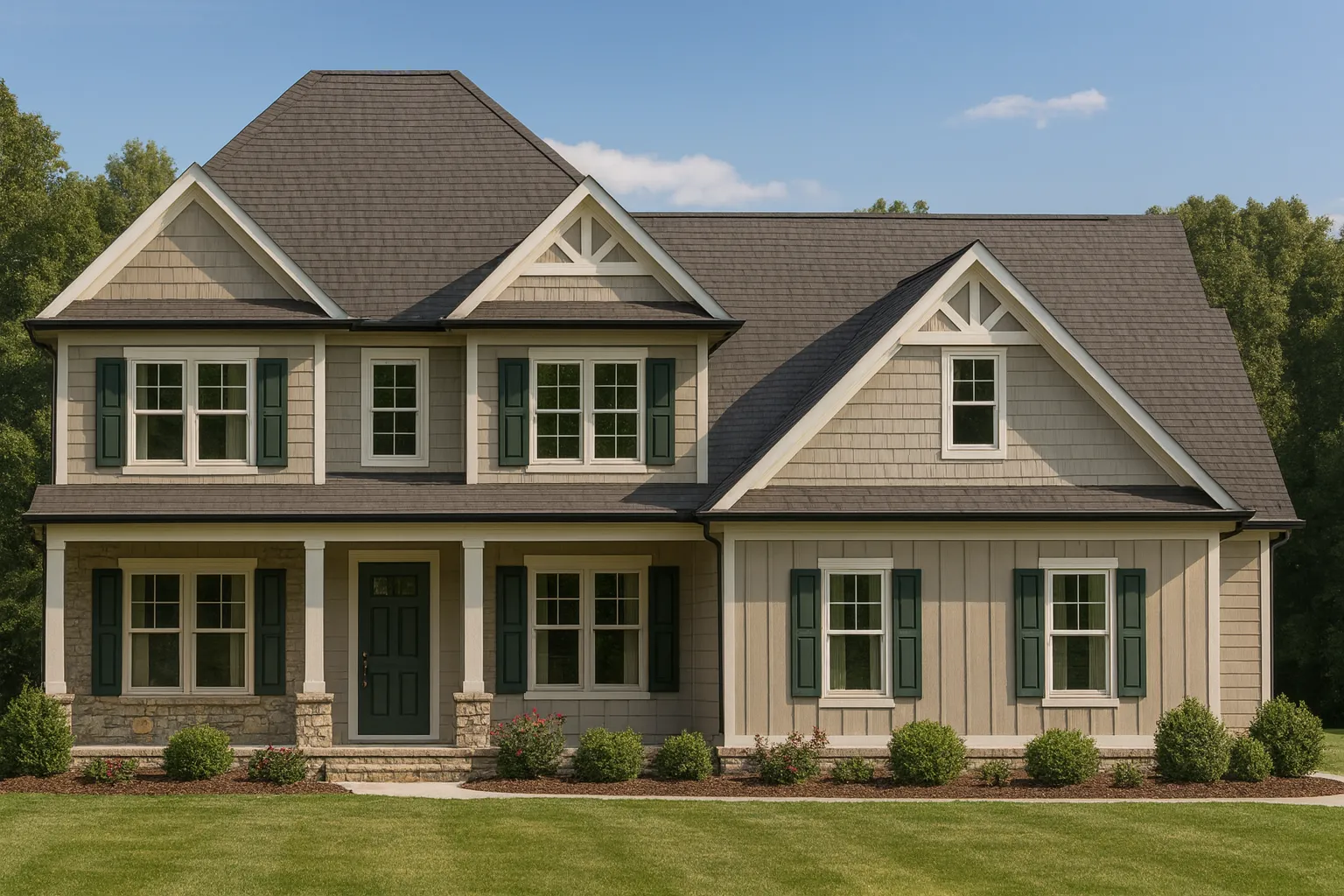 Front elevation of a New American style two-story house with Craftsman trim, Colonial symmetry, board-and-batten siding, stone accents, and covered front porch