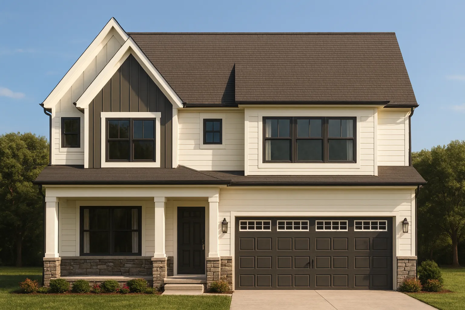 Front elevation of a modern farmhouse style two-story home featuring board and batten siding, stone accents, black windows, and a front-entry garage