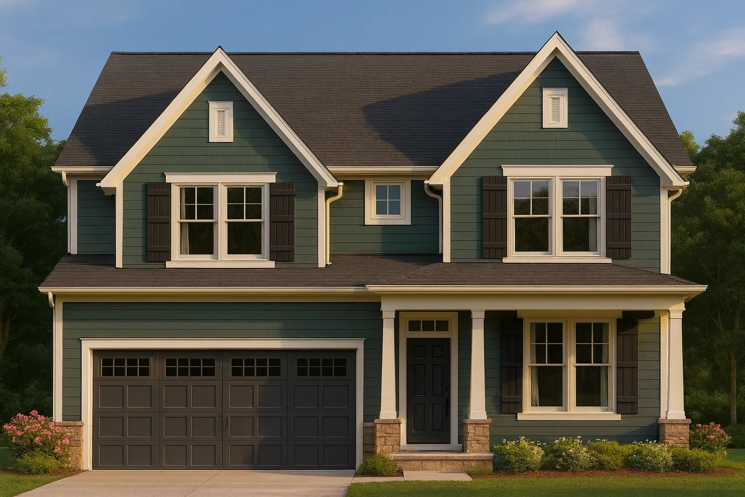 4 Bedroom House Plans 10 Front elevation of a New American traditional suburban house featuring horizontal siding, symmetrical gables, shuttered windows, and an attached two-car garage