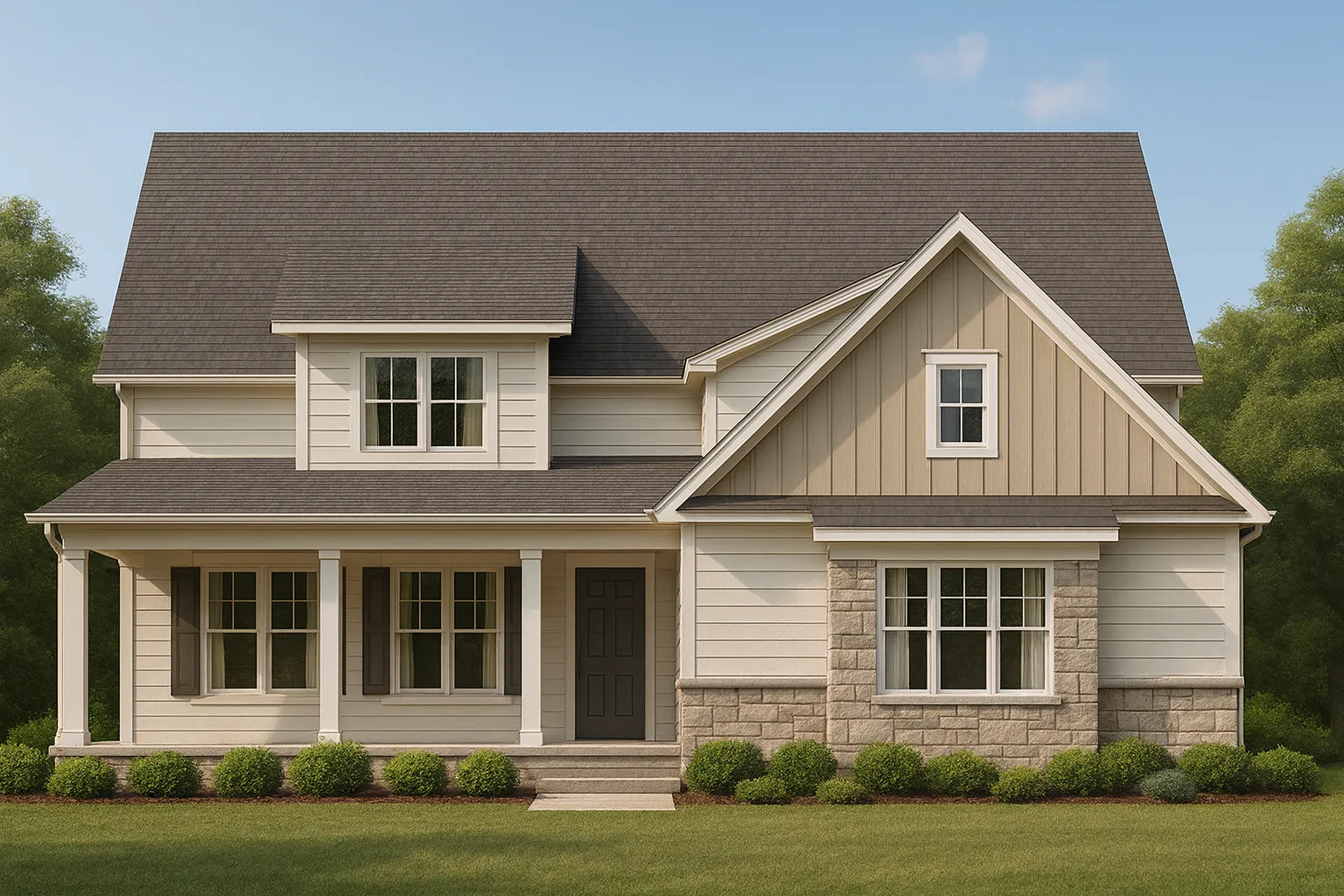Front elevation of a modern farmhouse style home with board and batten siding, stone accents, gabled rooflines, and covered front porch