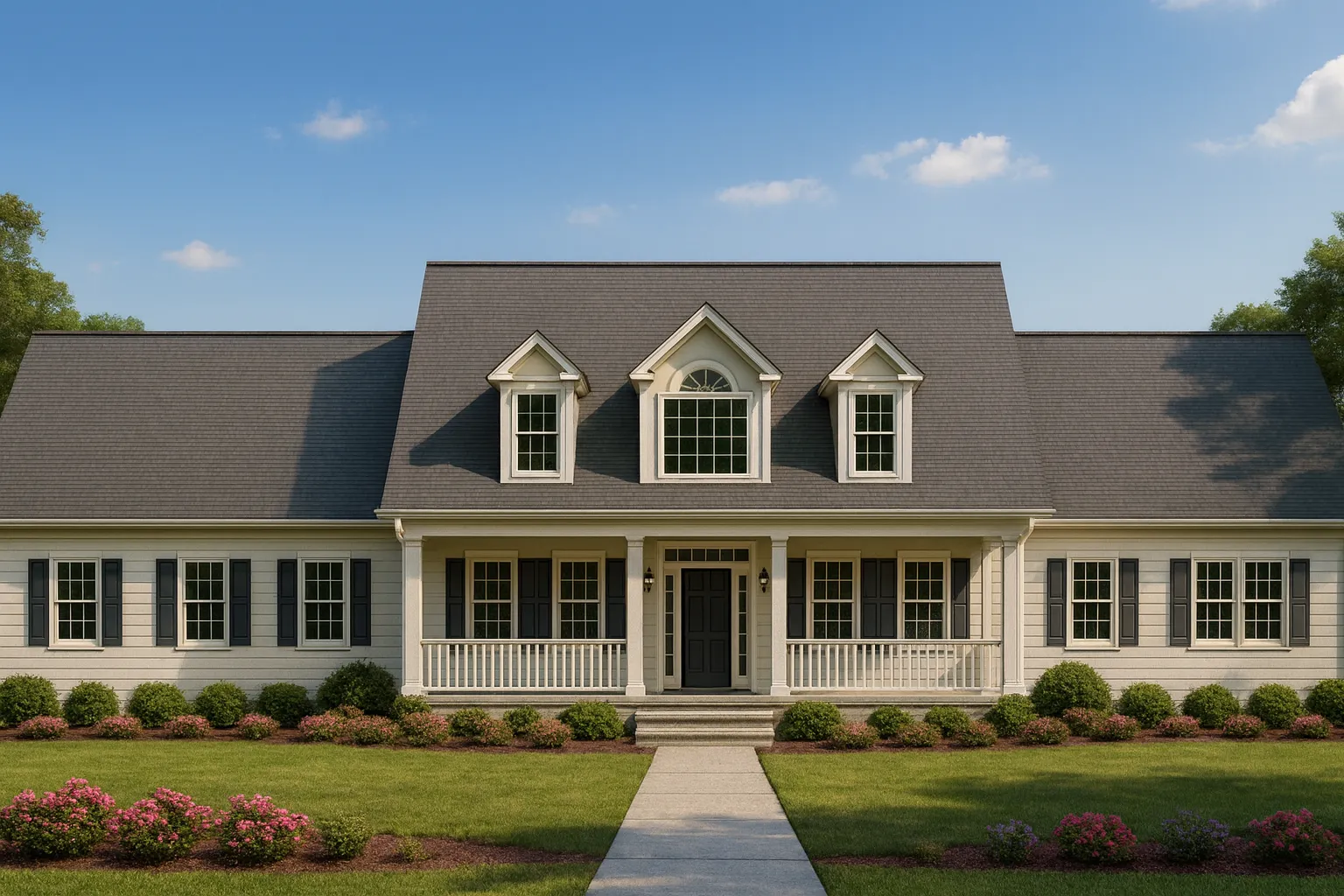 Front elevation of a Cape Cod style home with horizontal siding, central covered porch, dormer windows, and traditional symmetry