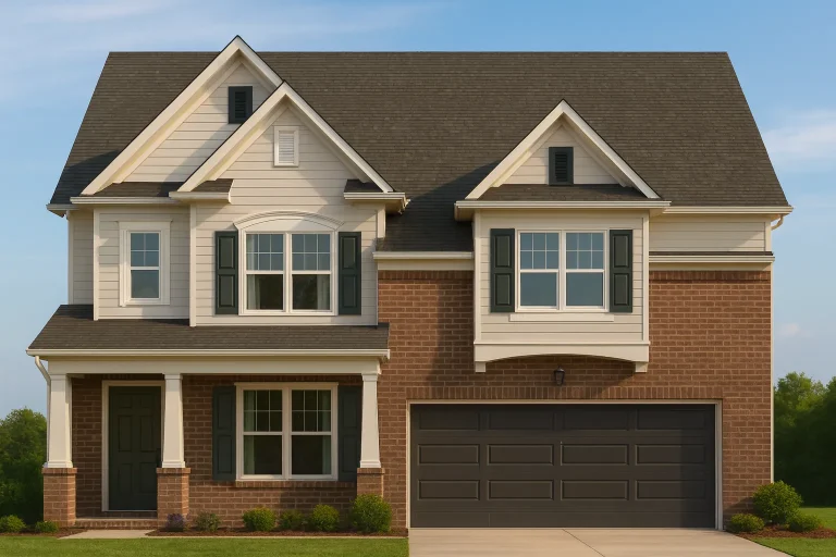 Front elevation of a New American Modern Traditional home with brick exterior, lap siding, gabled rooflines, and attached two-car garage