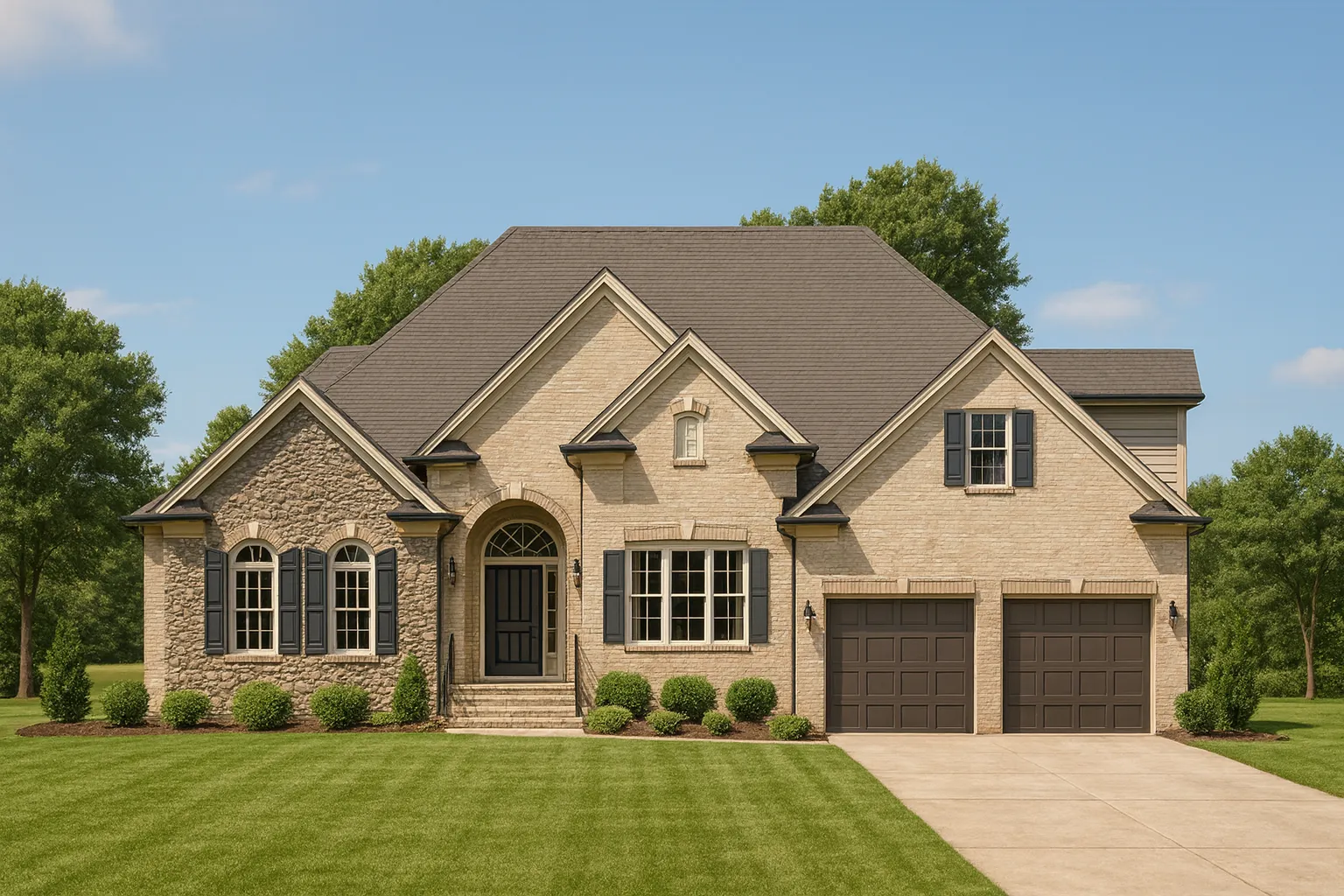 Front elevation of a New American style house featuring brick and stone exterior, symmetrical windows, arched entry, and attached two-car garage