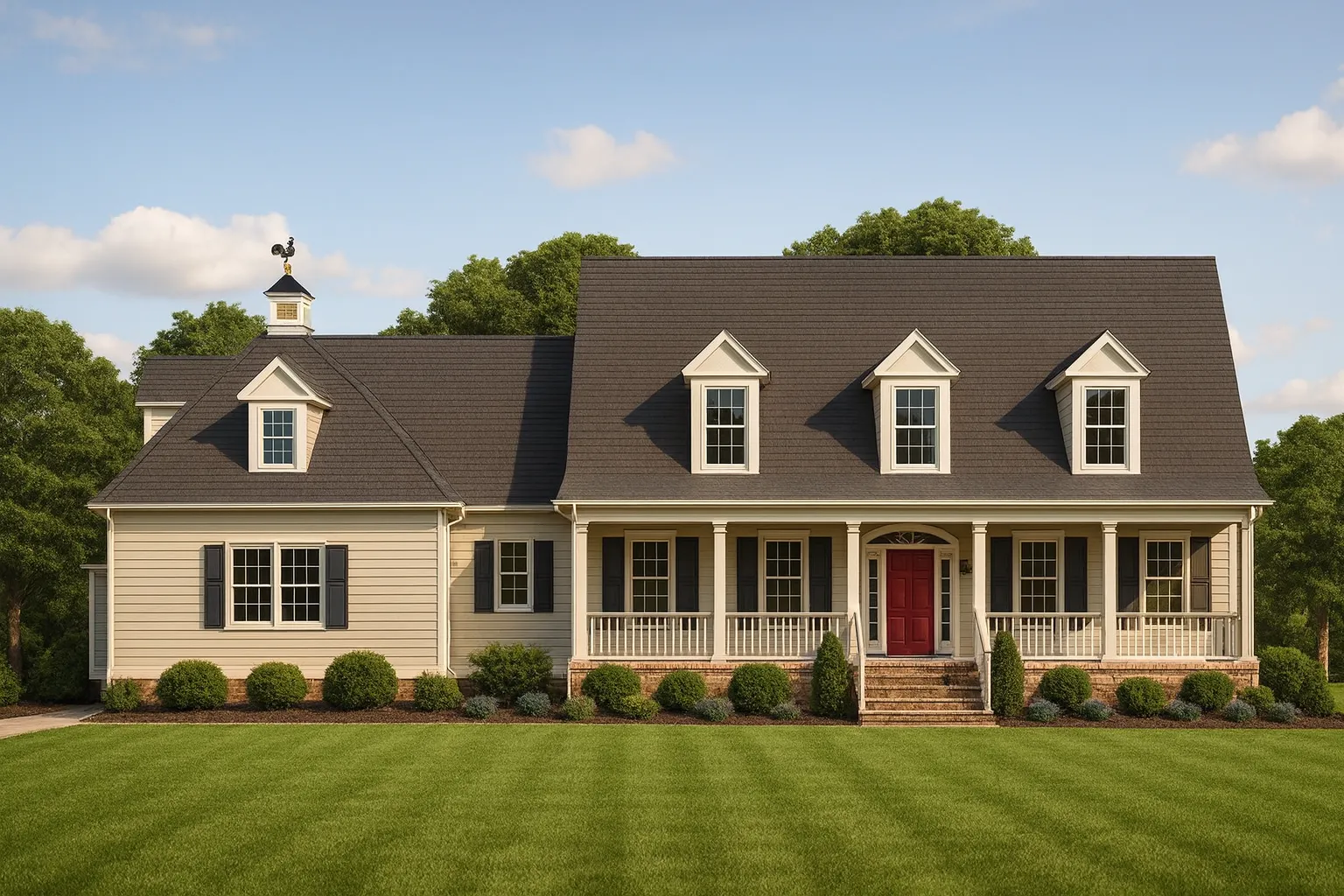 Front elevation of a Cape Cod style home featuring horizontal siding, dormer windows, covered front porch, and traditional symmetrical design