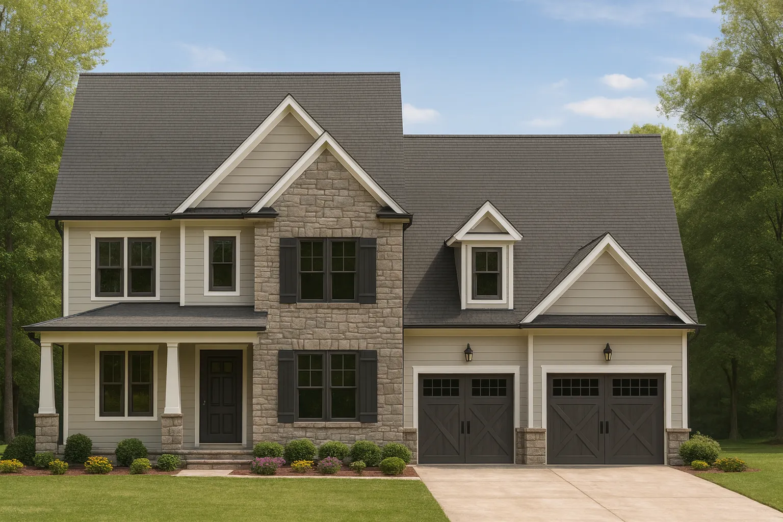 Front elevation of a New American modern traditional house with stone veneer, horizontal siding, and attached two-car garage
