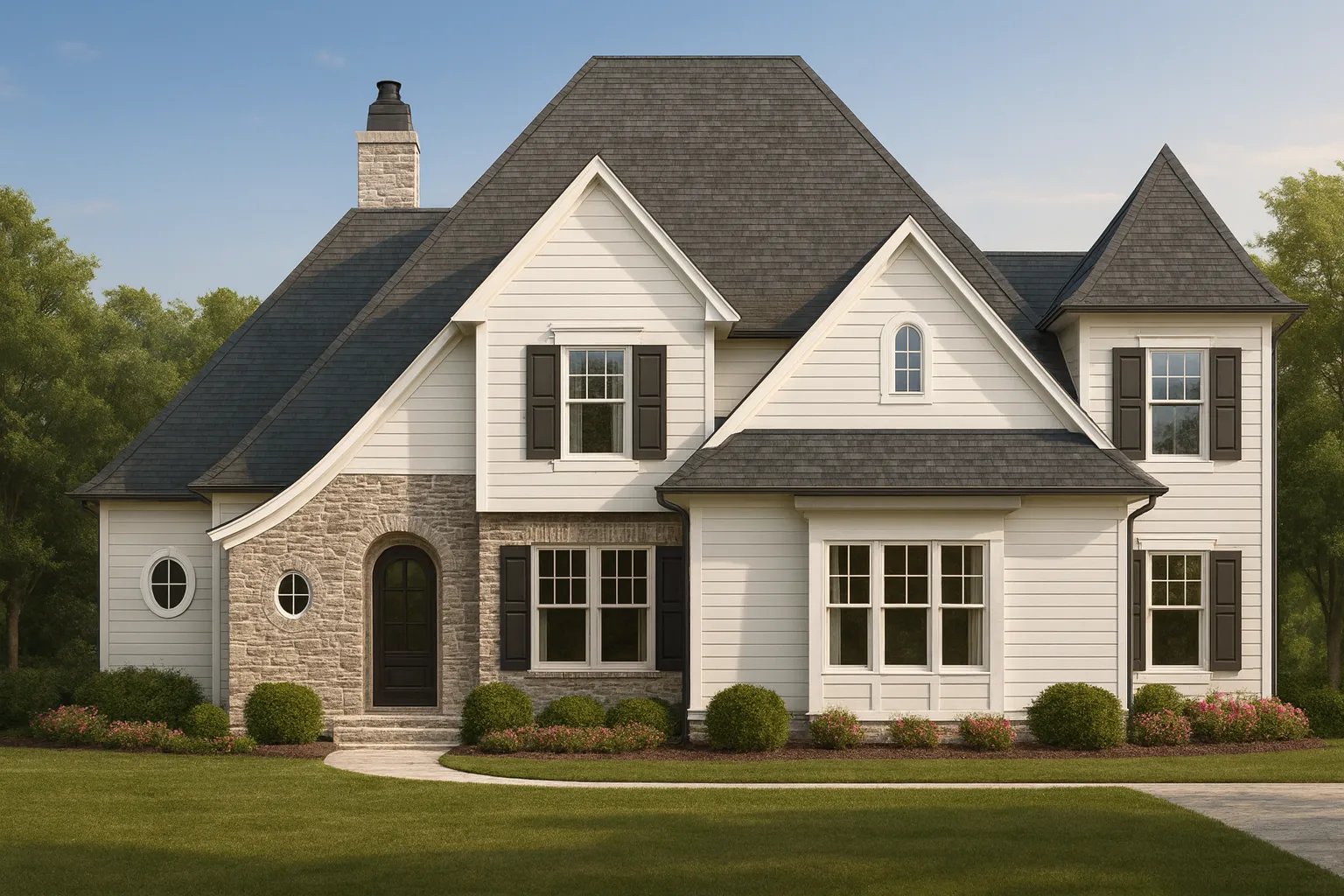 Front elevation of a New American style house with horizontal siding, stone entry accents, steep gabled rooflines, and balanced traditional windows