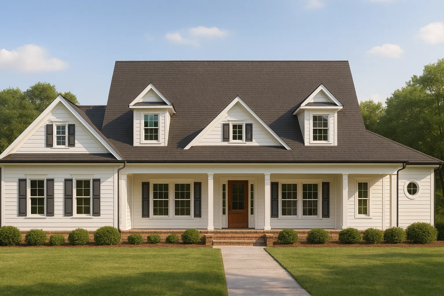 Front view of a Cape Cod Traditional style home with white clapboard siding, gabled roof with dormers, and a welcoming covered front porch