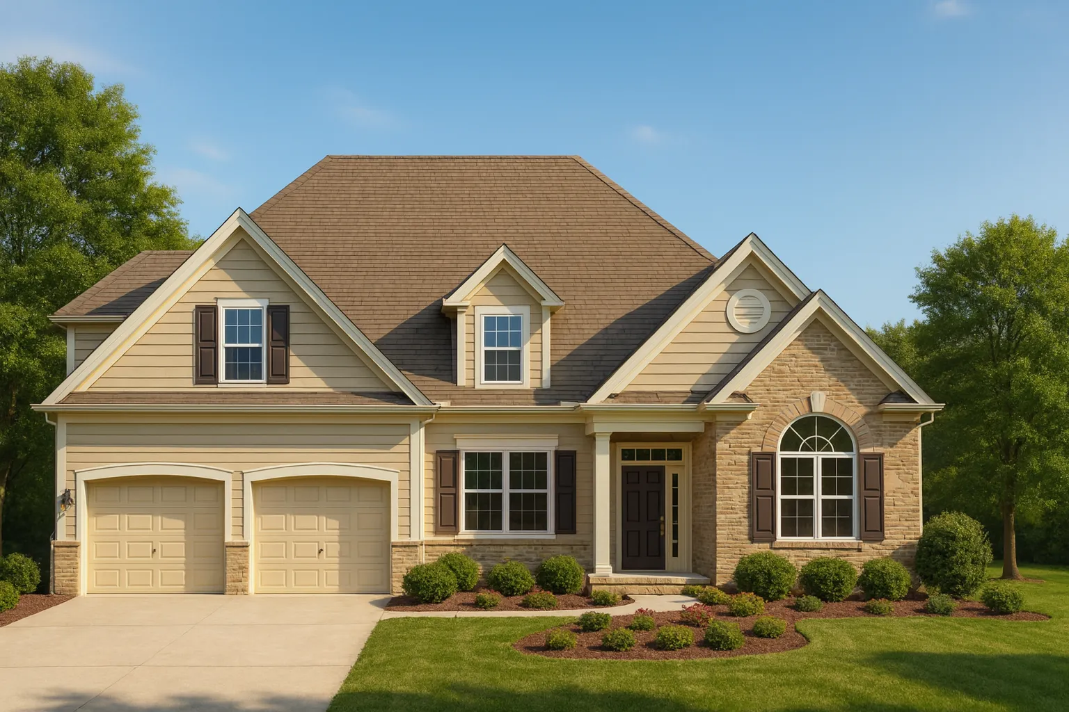 Front elevation of a New American modern traditional home with brick and horizontal siding, gabled rooflines, and two-car front-entry garage