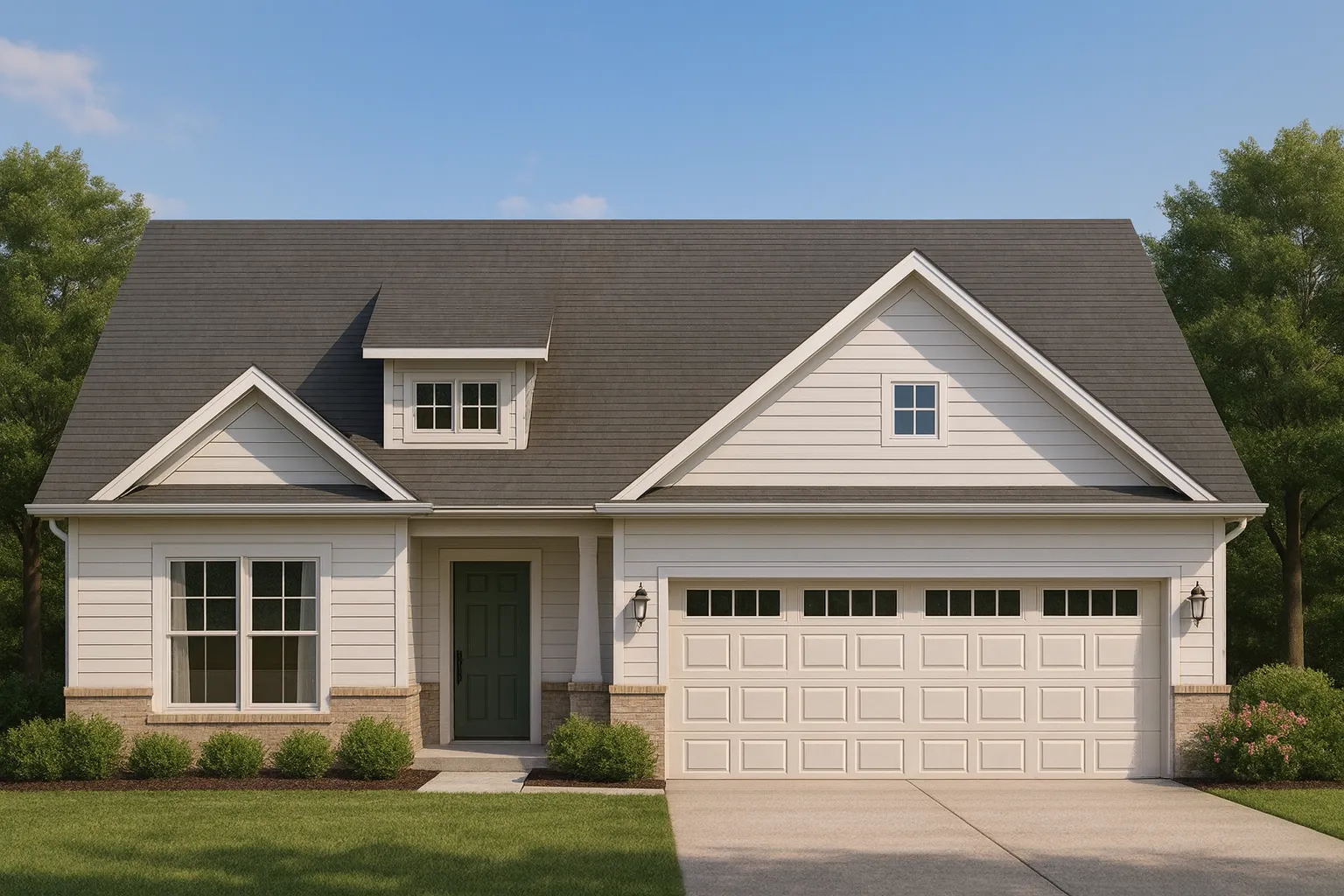 Front elevation of Traditional Classic Suburban house with horizontal lap siding, brick water table, gable roof, and two-car garage