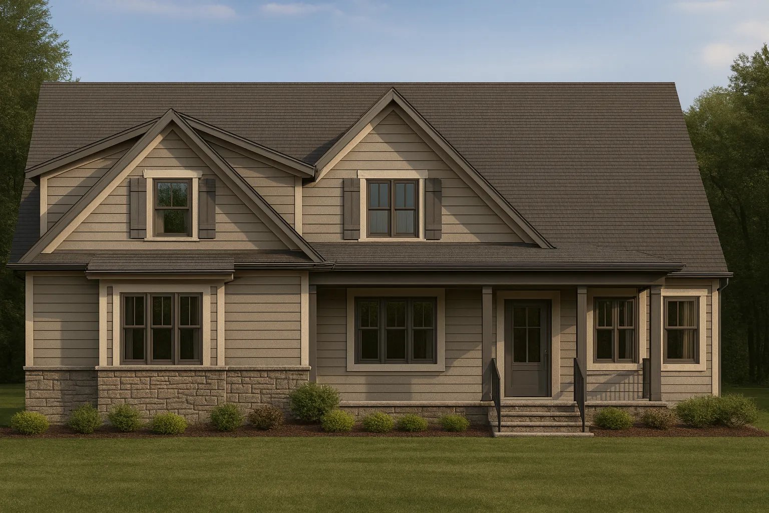 Front elevation of Craftsman style home with horizontal lap siding, stone wainscot, gabled rooflines, and covered front porch