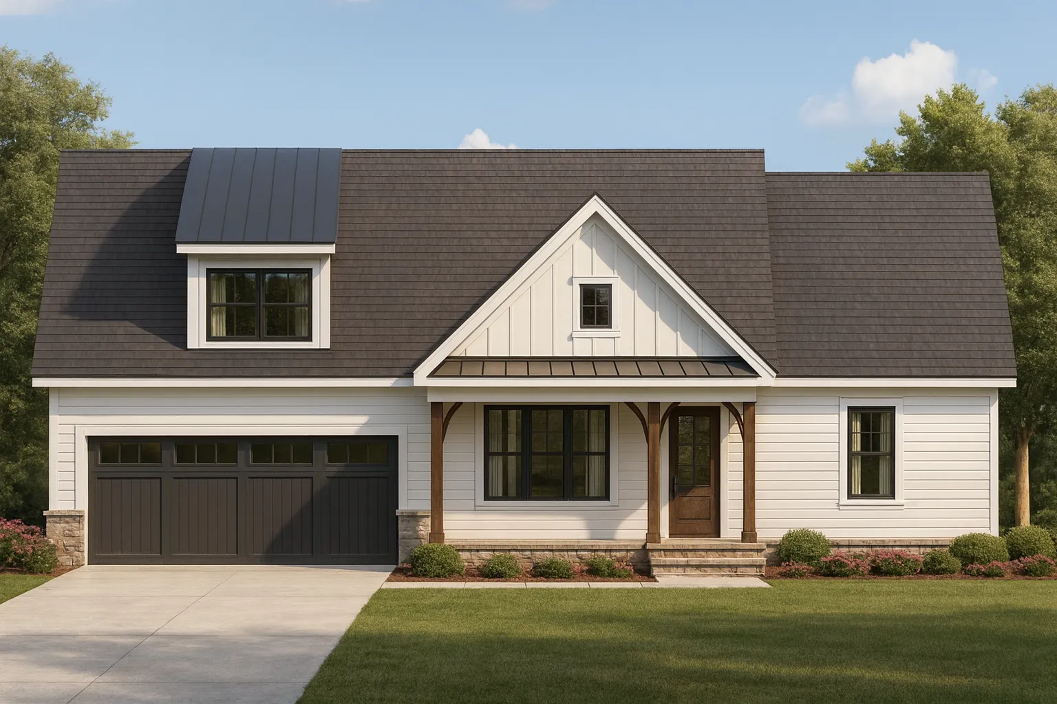 Front exterior view of a modern farmhouse style home with board and batten siding, metal roof accents, covered porch, and attached garage