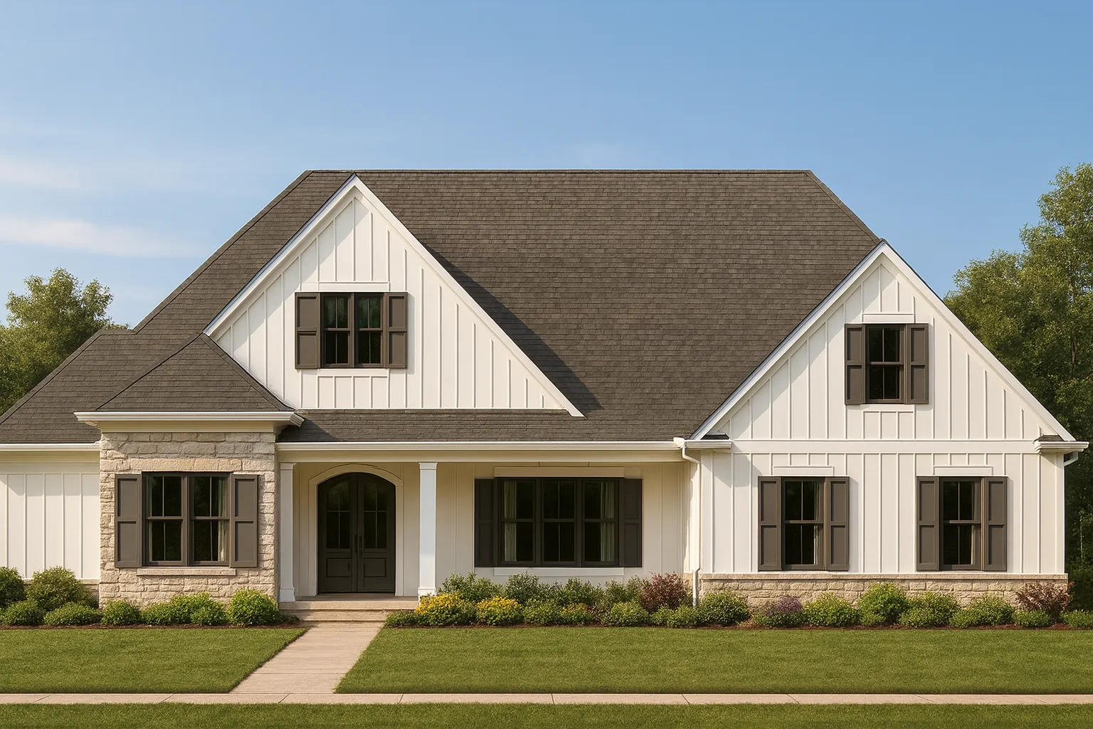 Front elevation of a modern farmhouse style home featuring white board and batten siding, stone accents, symmetrical gables, and a welcoming covered entry