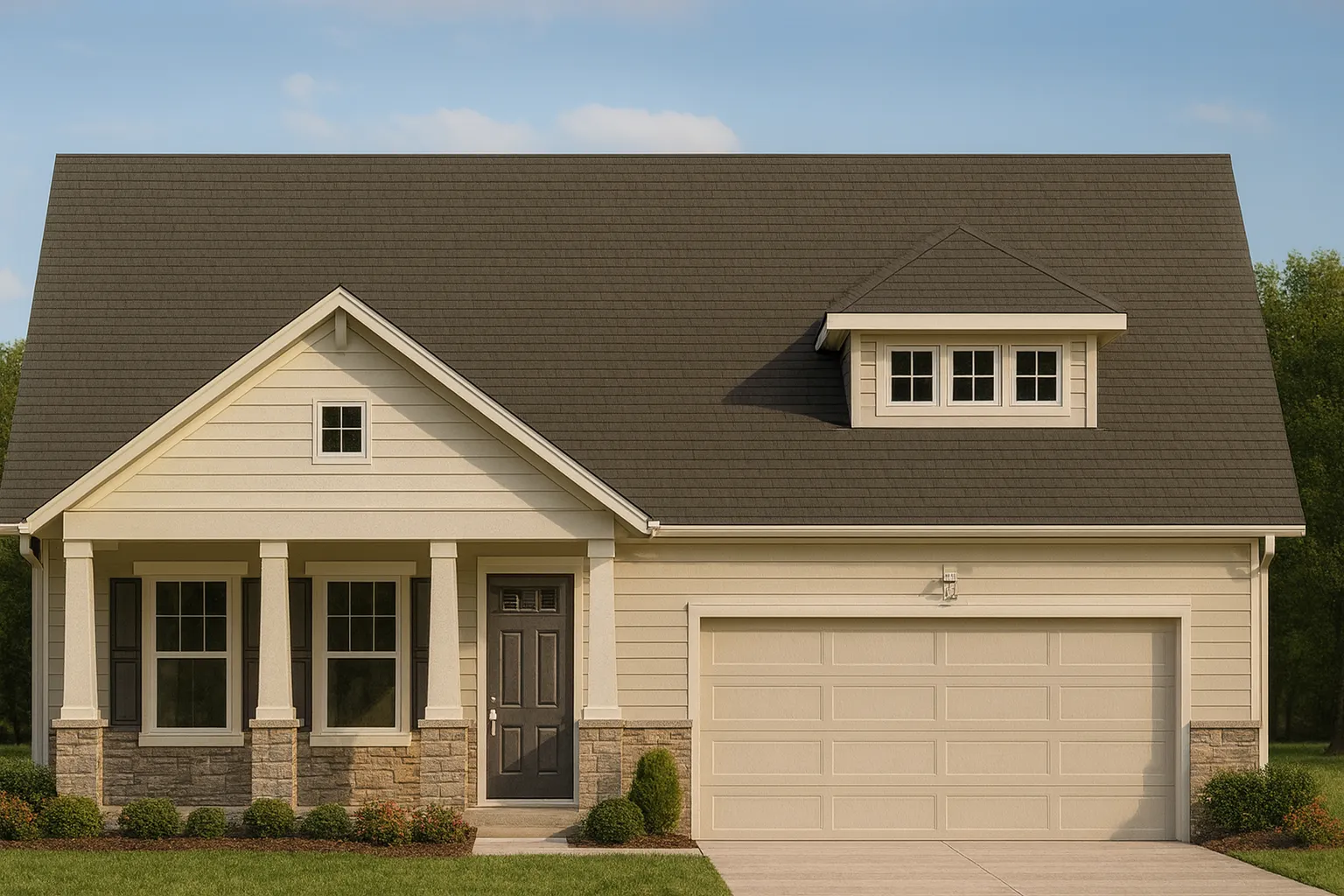 Front elevation of a Traditional Ranch style home with Craftsman influences, horizontal siding, stone accents, covered porch, and attached garage