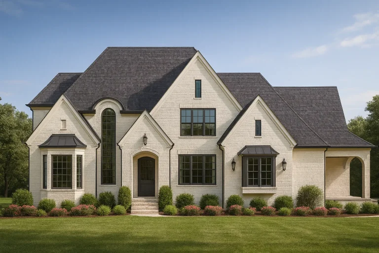 Front elevation of a New American modern traditional house with painted brick exterior, steep gabled rooflines, black-framed windows, and refined landscaping