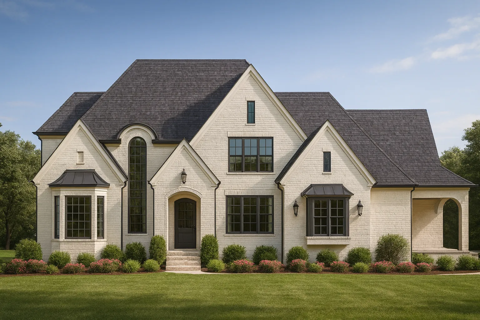 House Plans with Outdoor Fireplace 23 Front elevation of a New American modern traditional house with painted brick exterior, steep gabled rooflines, black-framed windows, and refined landscaping