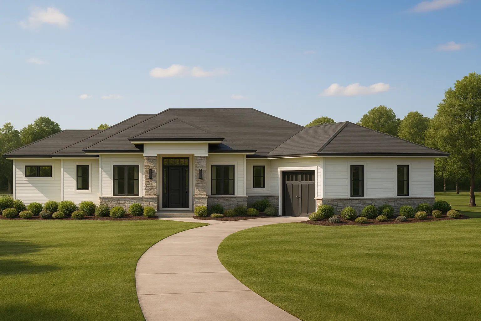 7 Bedroom House Plans 21 Front elevation of a Transitional Ranch style home with horizontal siding, stone accents, low-pitched rooflines, and modern farmhouse curb appeal