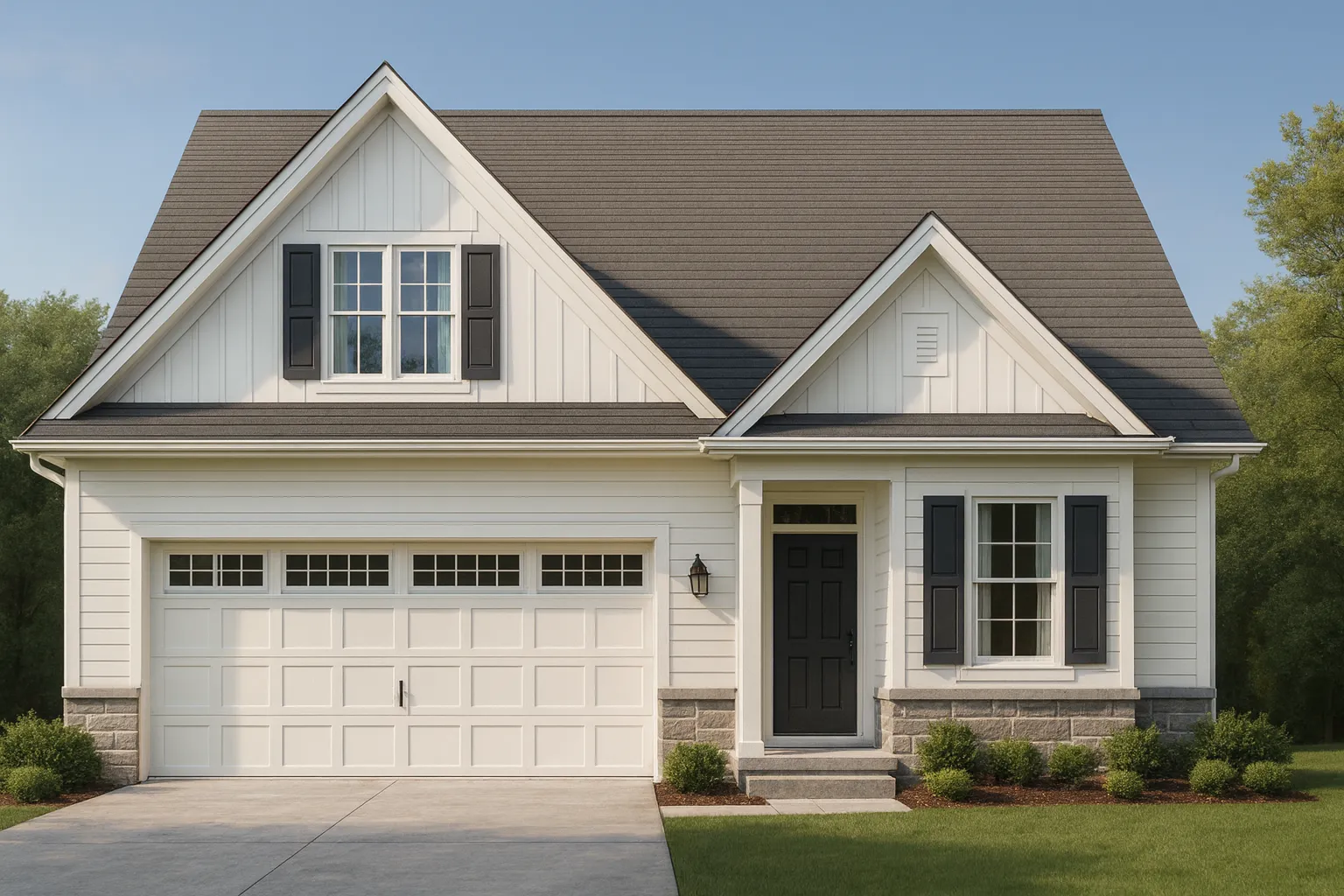 Front elevation of a modern farmhouse cottage style home featuring board and batten siding, stone accents, black shutters, and an attached two-car garage