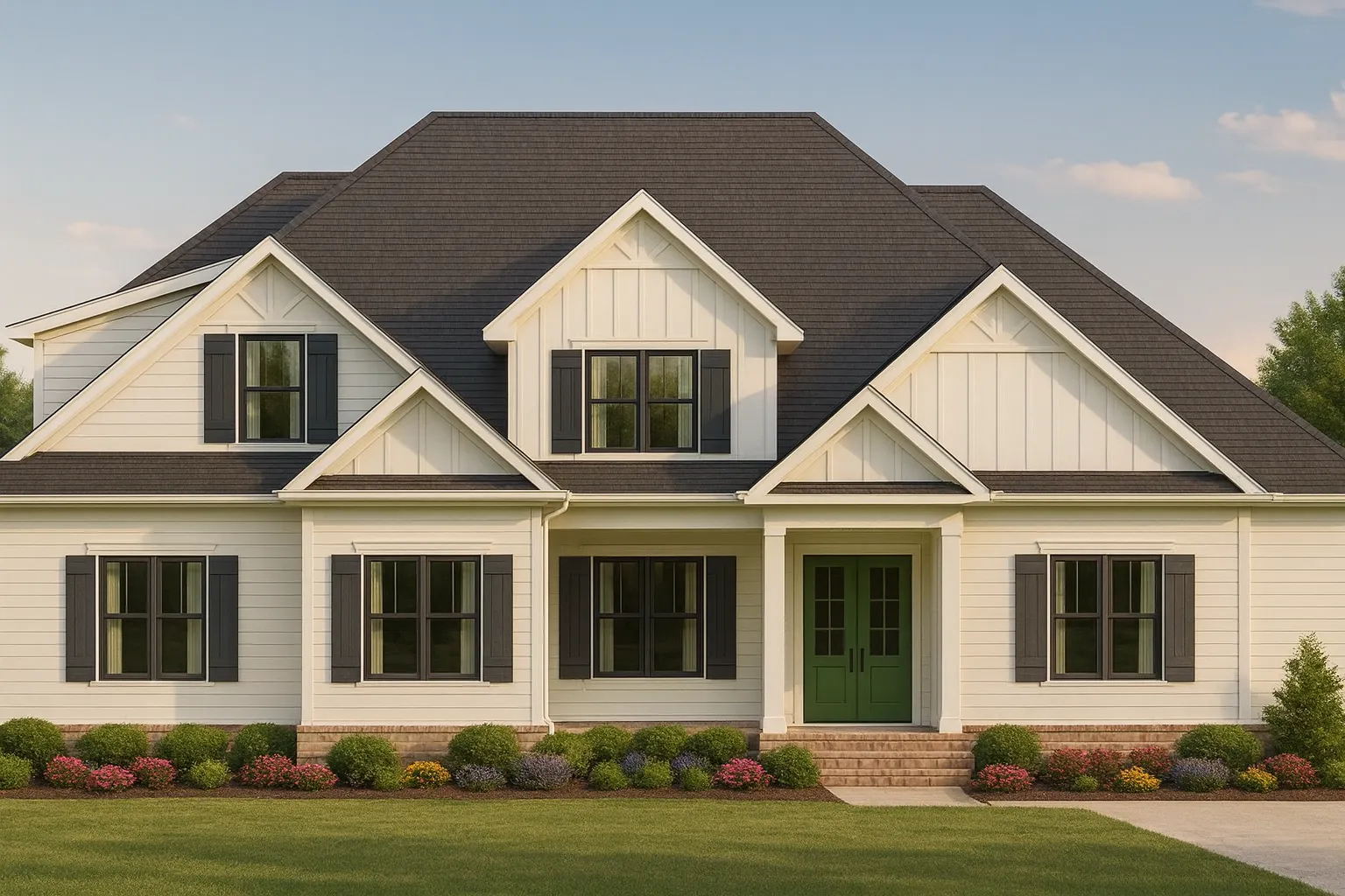 Front elevation of a modern farmhouse style home with board and batten siding, dark gabled roof, black shutters, and inviting front porch