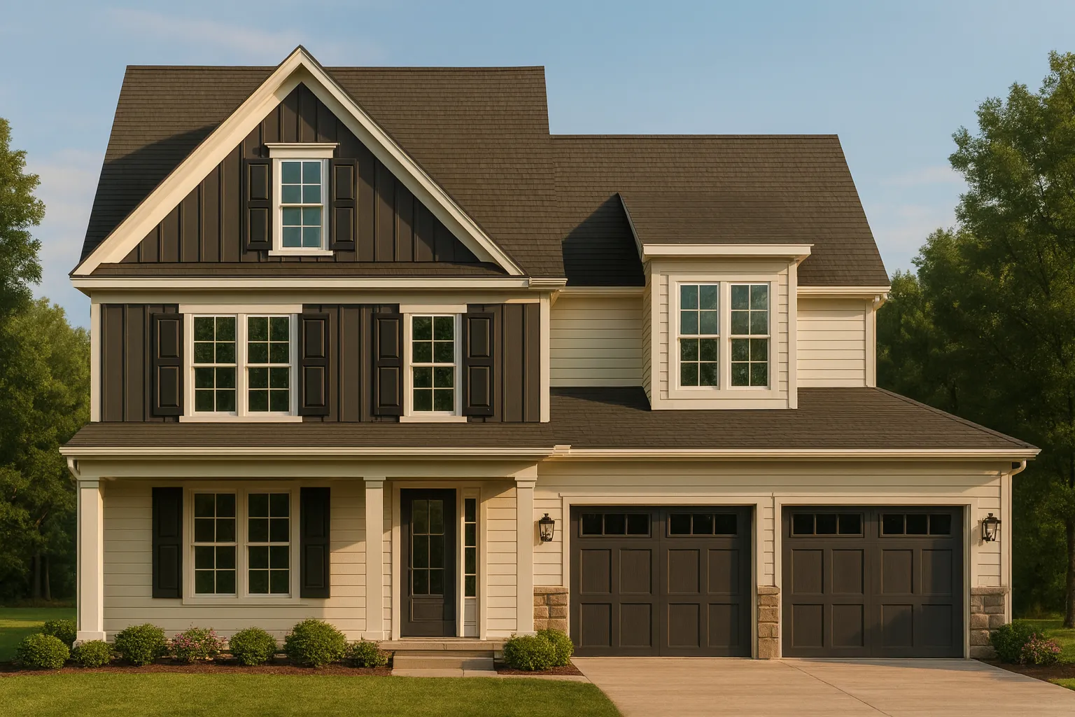 Front elevation of a New American Modern Farmhouse style house with board and batten siding, lap siding accents, and an attached two-car garage