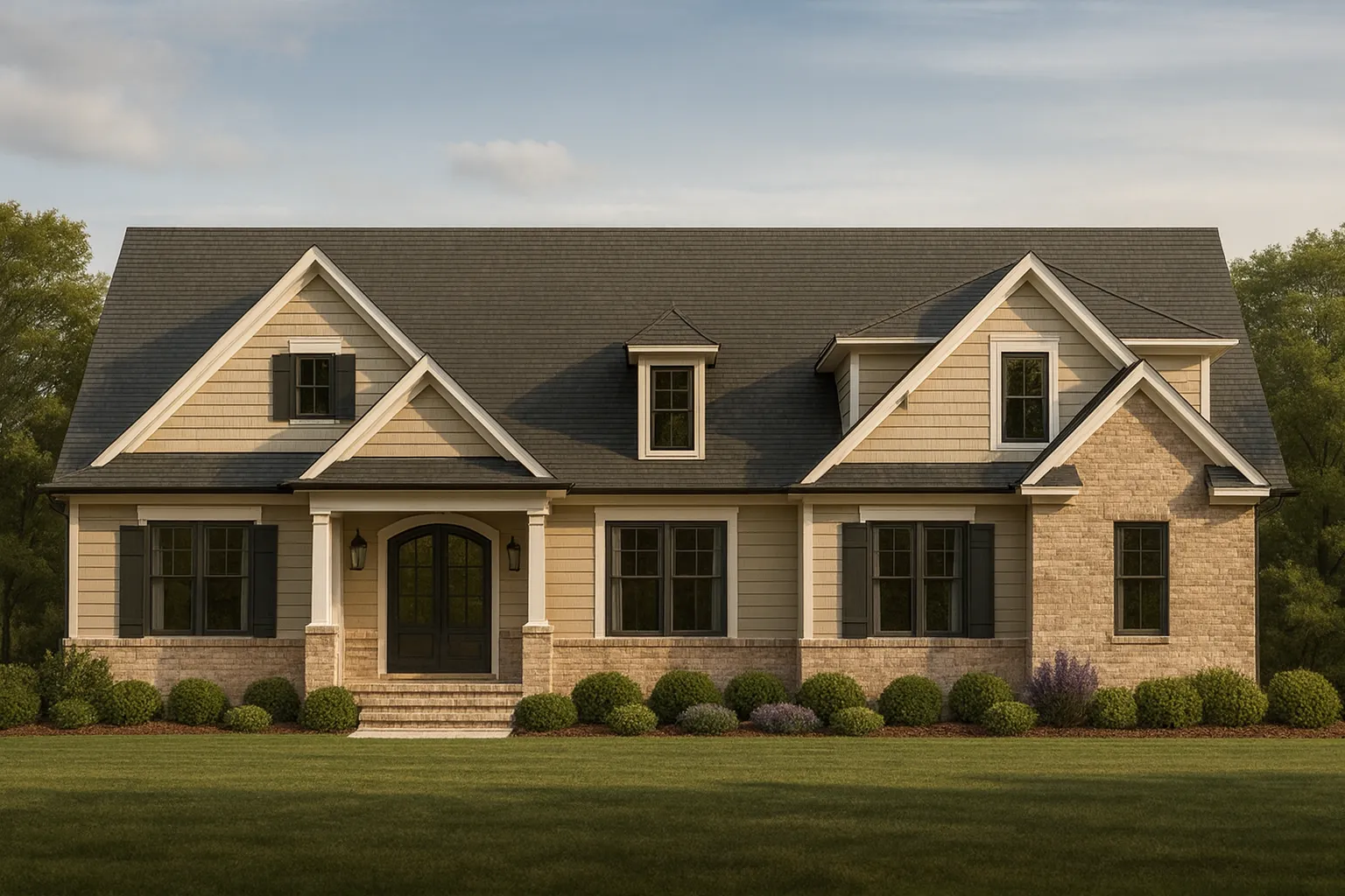 Cabin House Plans 21 Front elevation of a Cape Cod traditional style home featuring horizontal siding, stone accents, symmetrical dormers, and a covered front porch