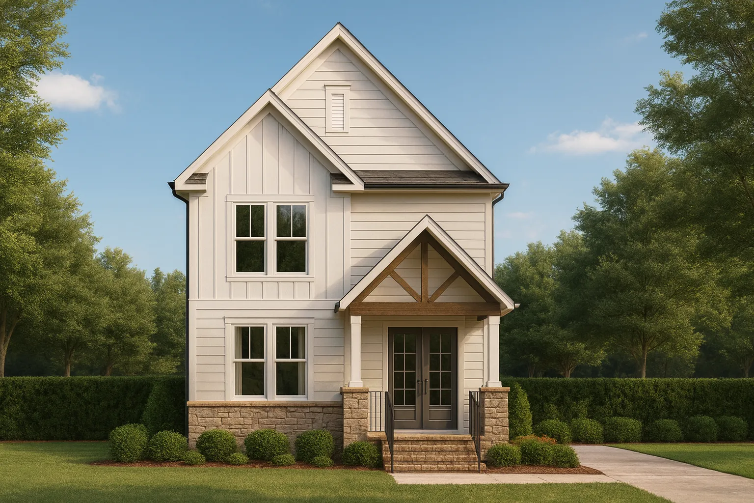 House Plans with Basement Bedrooms 19 Front elevation of a Modern Farmhouse Craftsman style home with board and batten siding, stone foundation, and covered porch entry