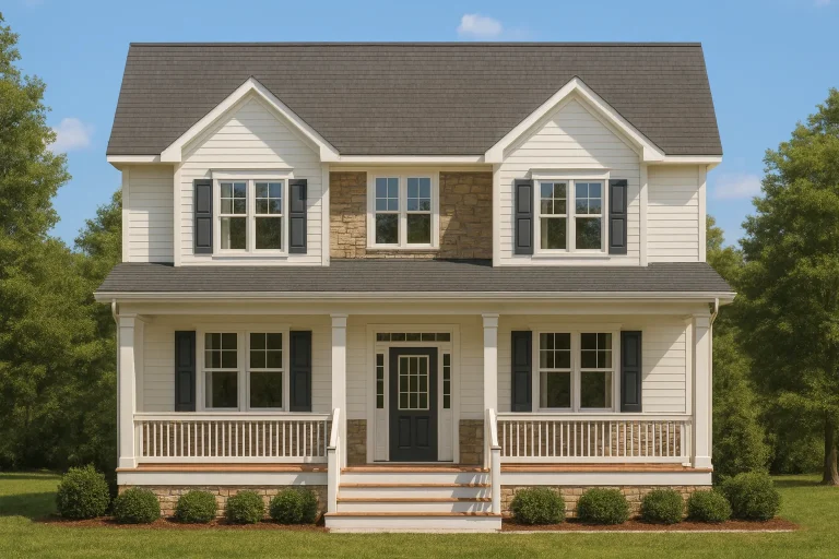 Front elevation of a Traditional Colonial style home with lap siding, stone accents, symmetrical windows, and covered front porch